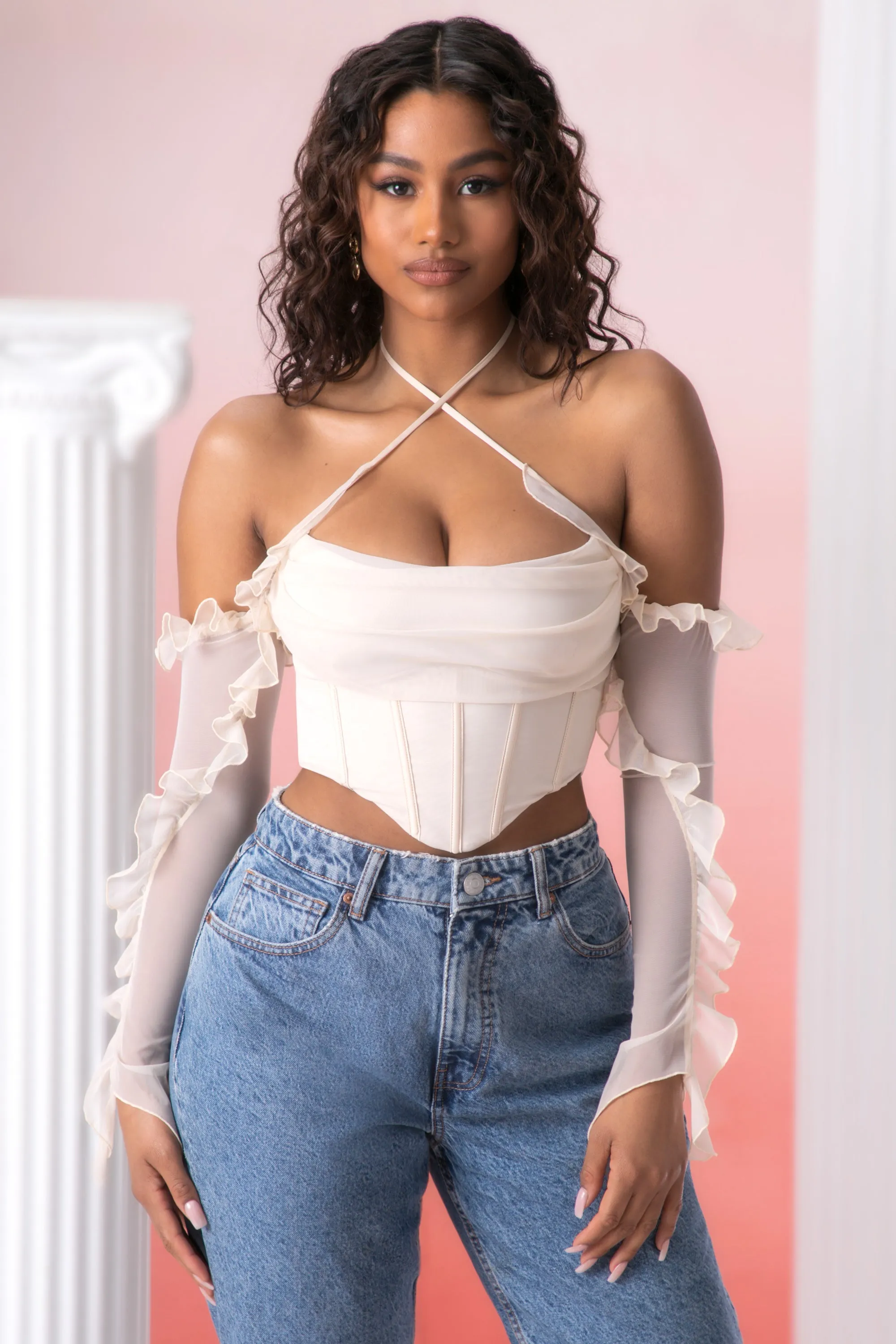 Frill Detail Cowl Neck Crop Top in Stone