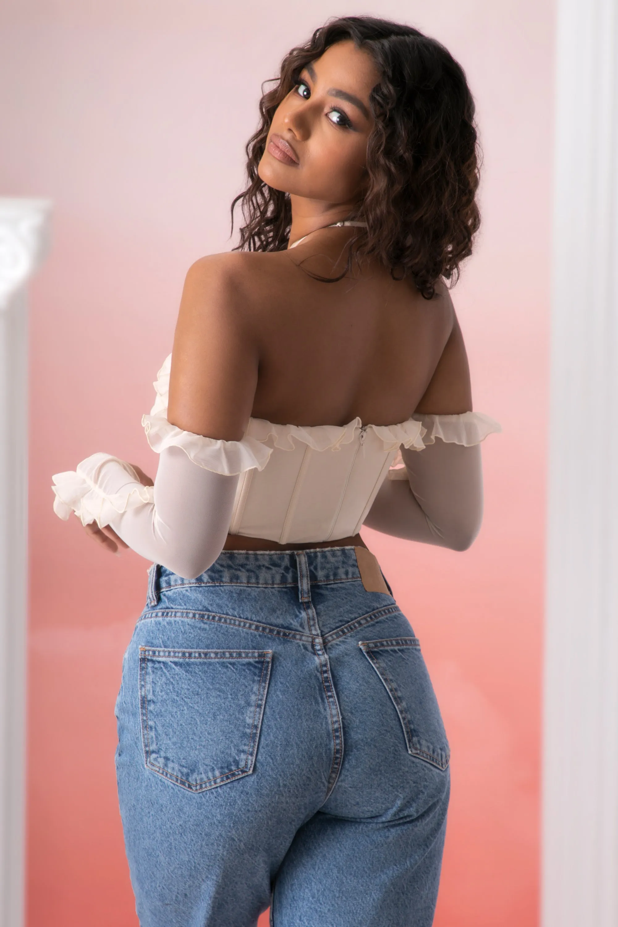 Frill Detail Cowl Neck Crop Top in Stone