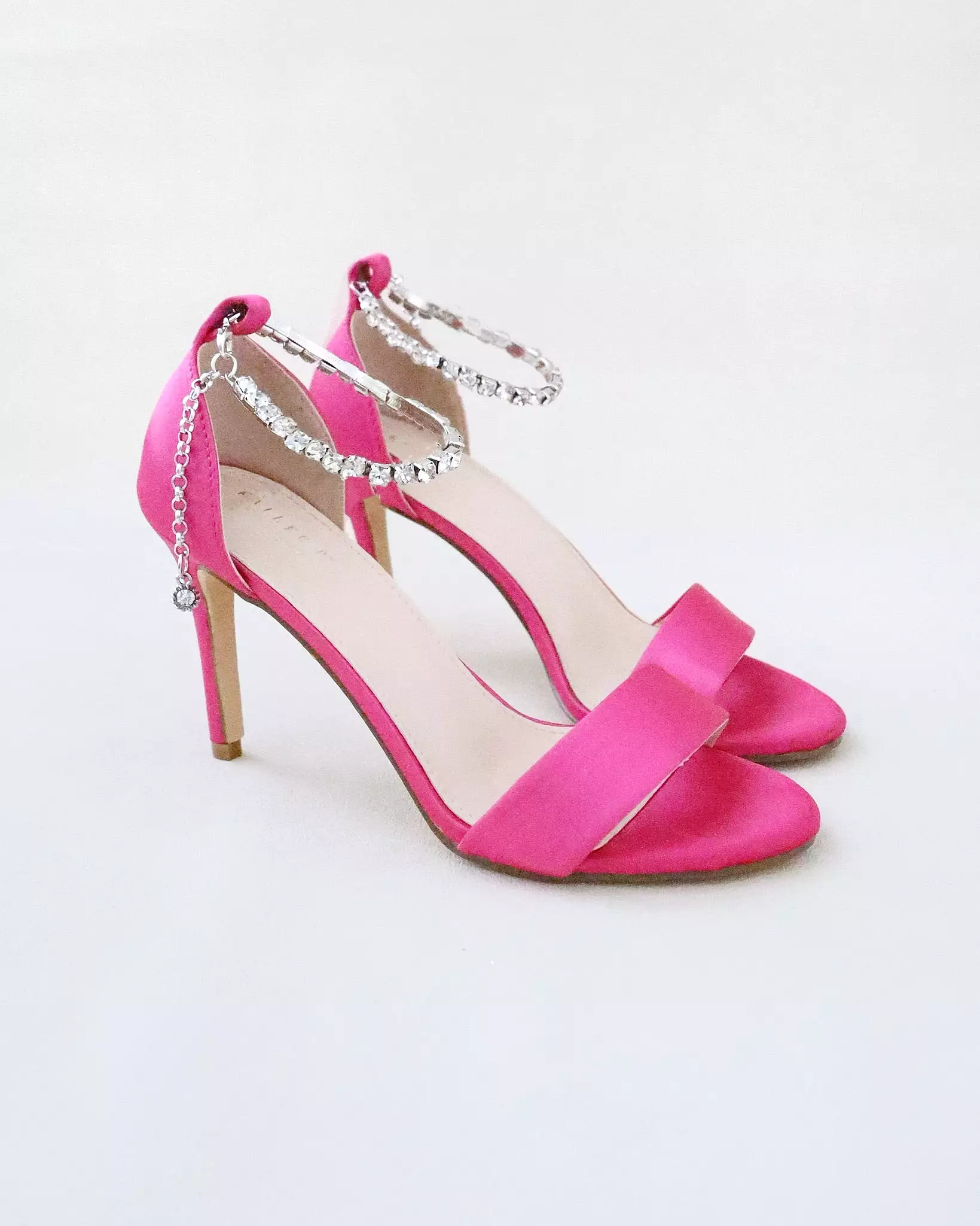 Fuchsia Satin High Heel Evening Sandals with Eternity Rhinestones Strap