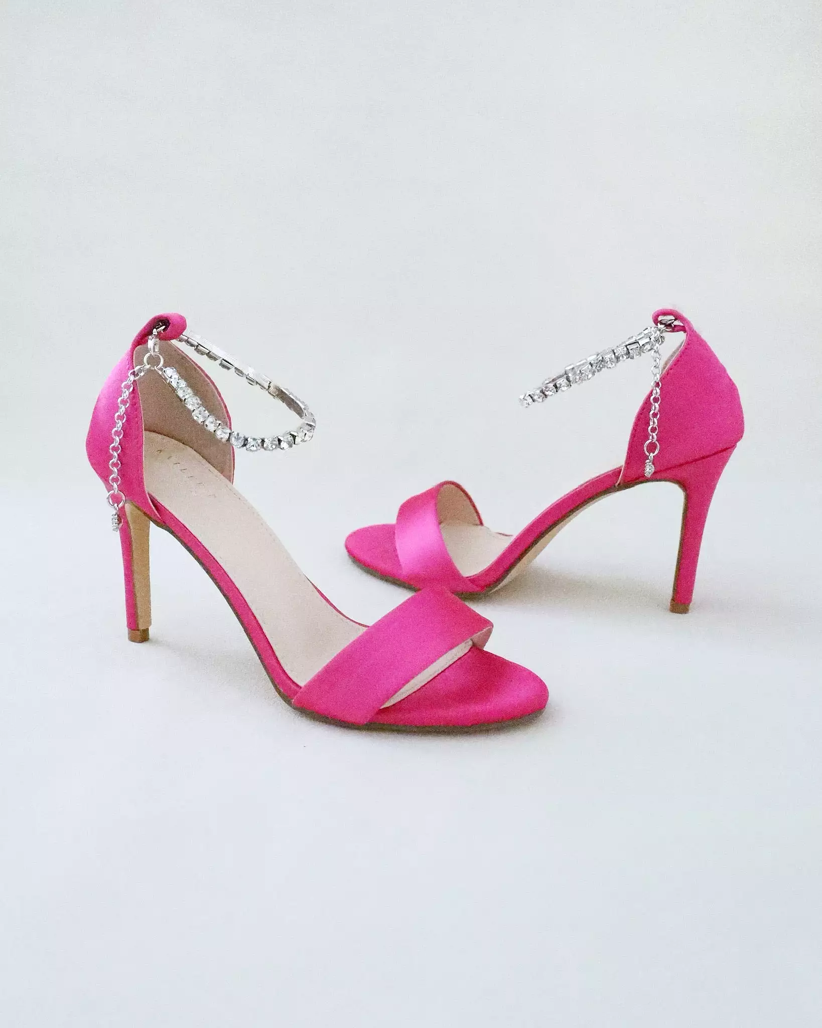 Fuchsia Satin High Heel Evening Sandals with Eternity Rhinestones Strap