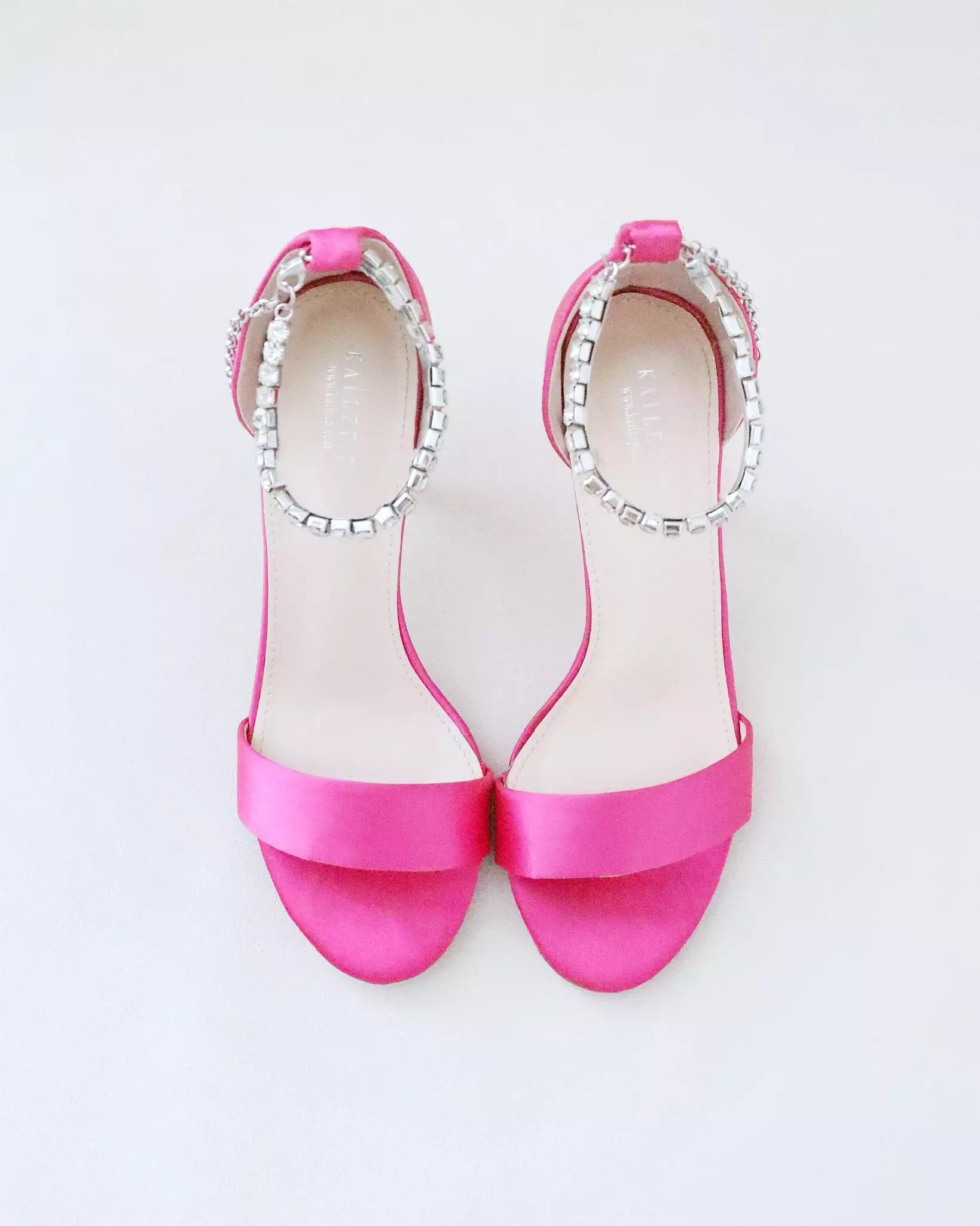 Fuchsia Satin High Heel Evening Sandals with Eternity Rhinestones Strap