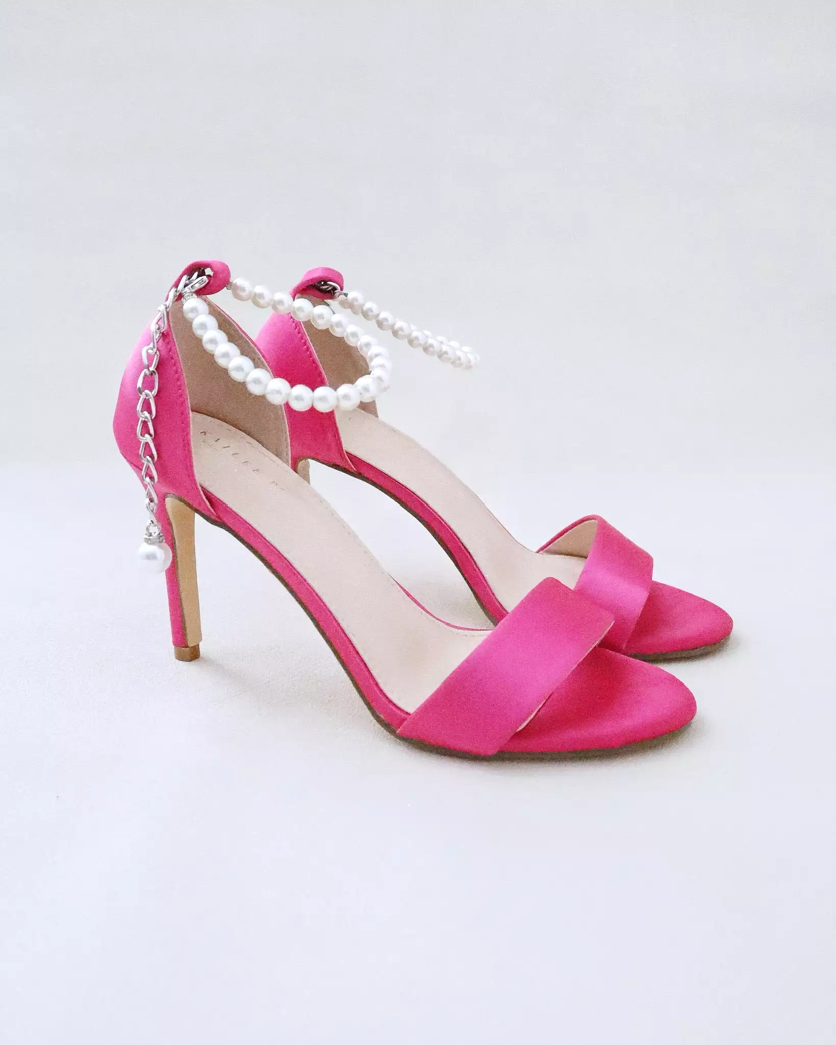 Fuchsia Satin High Heel Evening Sandals with Pearl Strap