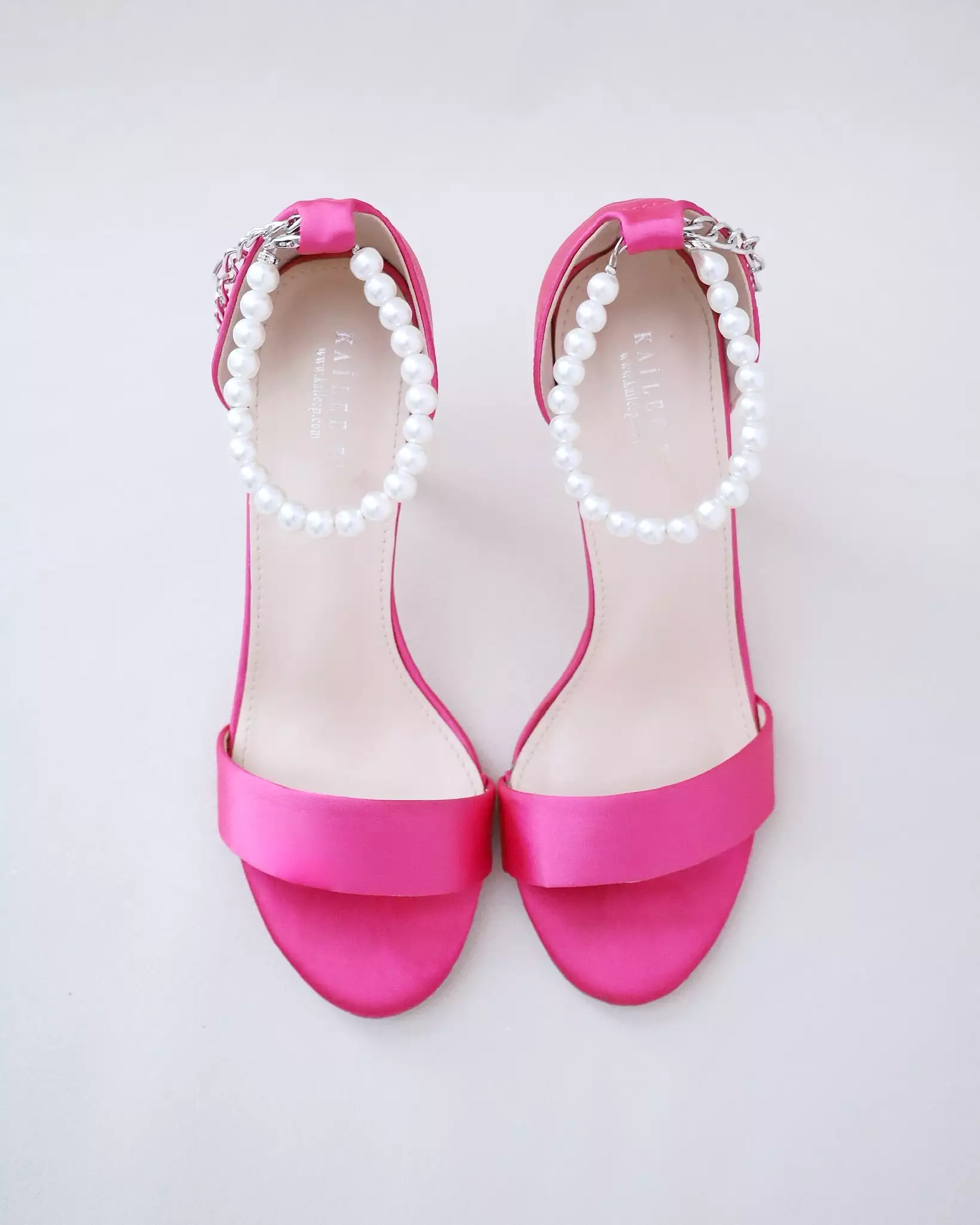 Fuchsia Satin High Heel Evening Sandals with Pearl Strap