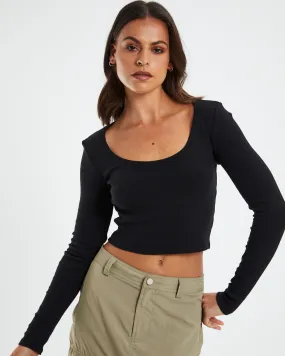 GP Co. Basics Scoop Neck Long Sleeve Crop Top Black