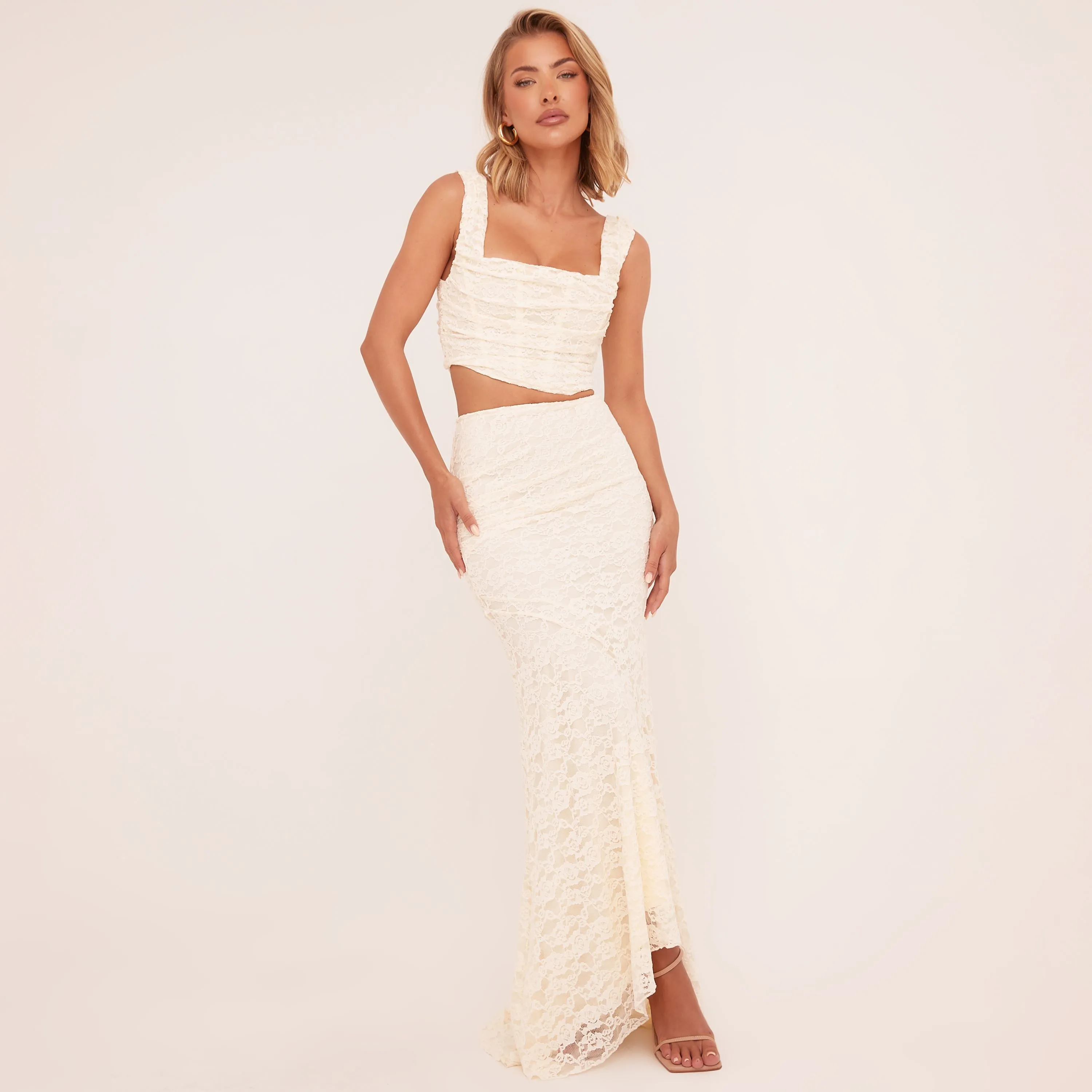 High Waist Asymmetric Maxi Skirt In Cream Lace