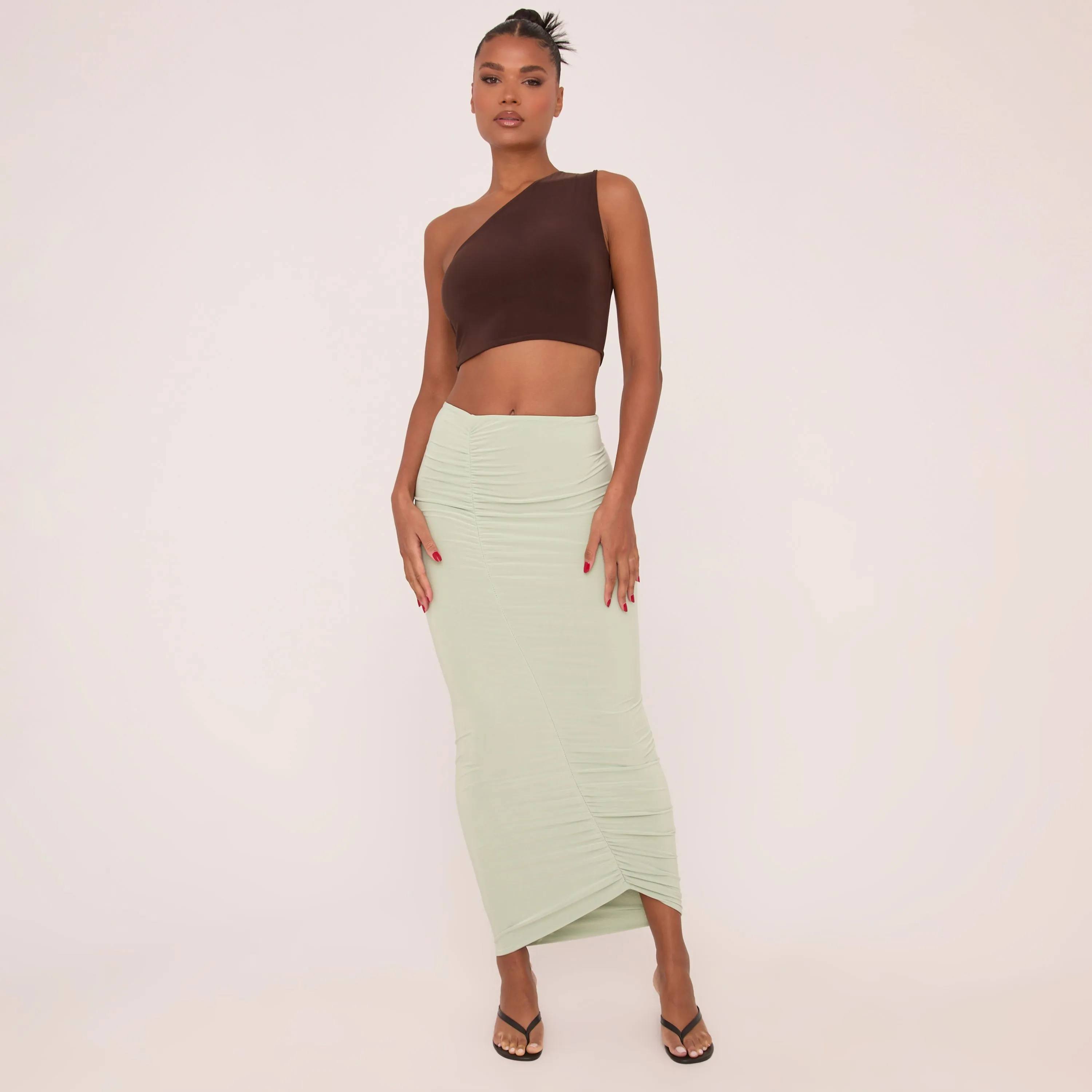 High Waist Double Layer Ruched Maxi Skirt In Sage Green Slinky