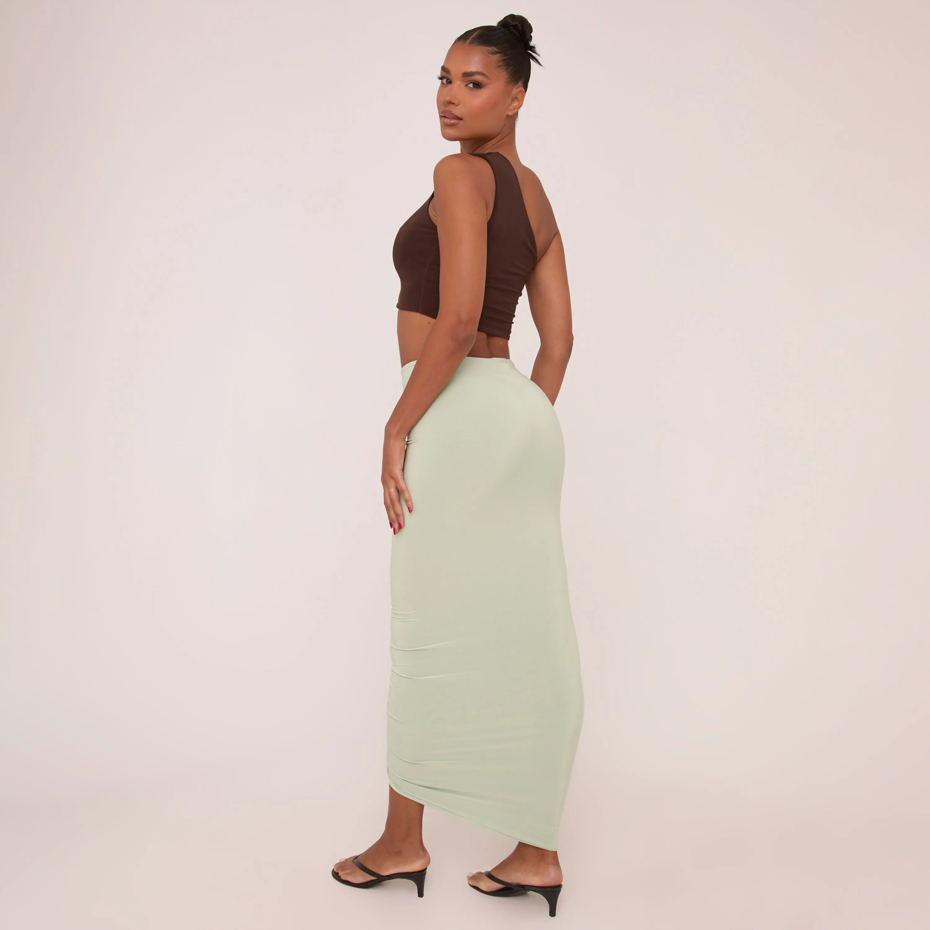 High Waist Double Layer Ruched Maxi Skirt In Sage Green Slinky