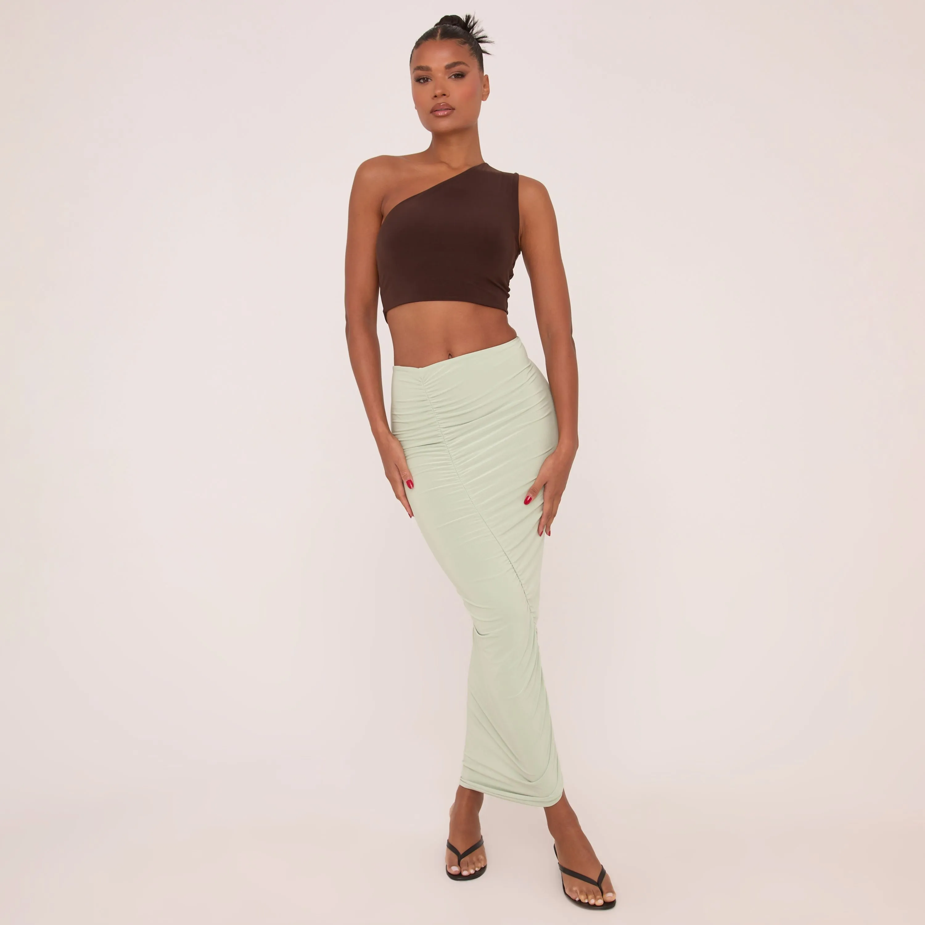 High Waist Double Layer Ruched Maxi Skirt In Sage Green Slinky