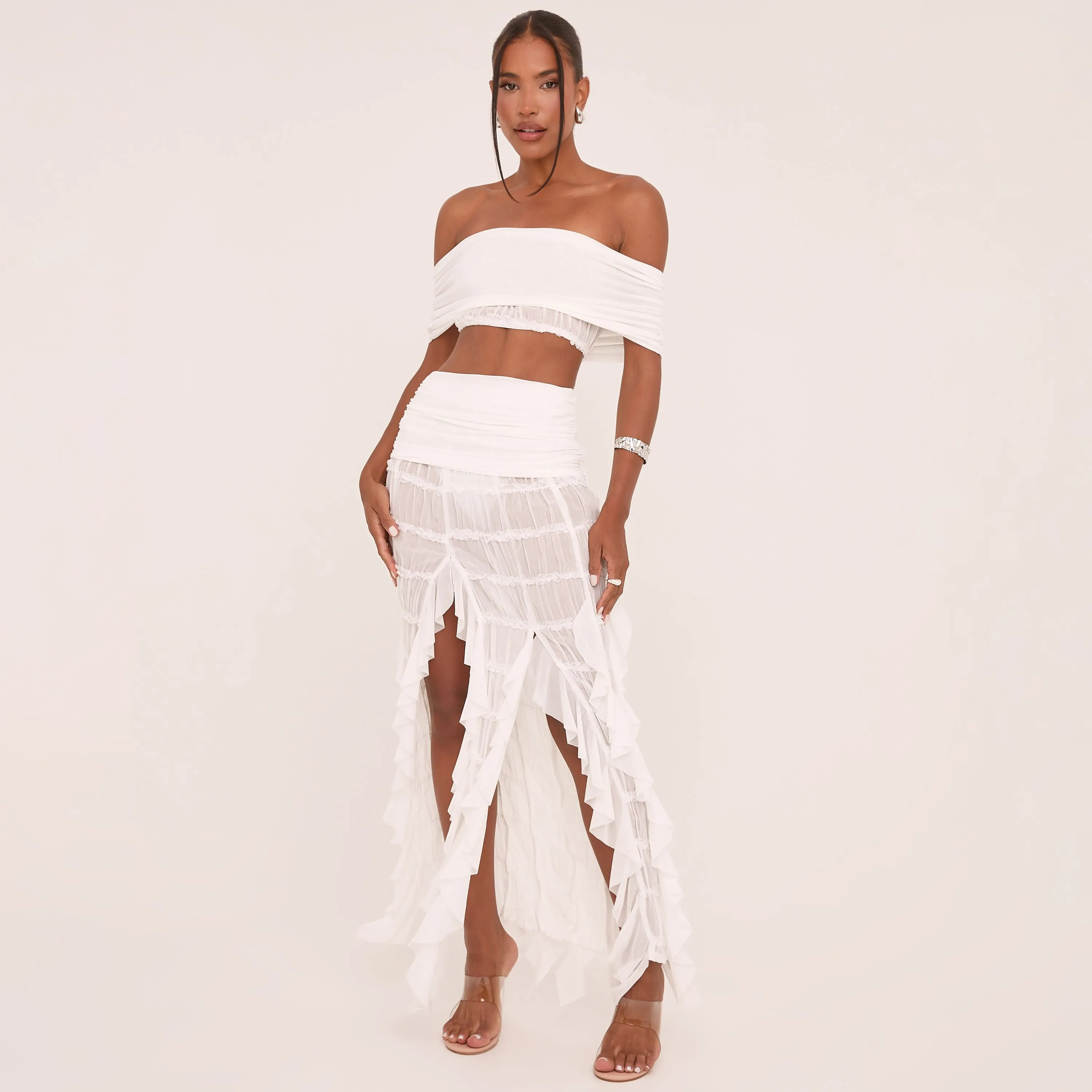 High Waist Fold Over Frilly Maxi Skirt In White Texture