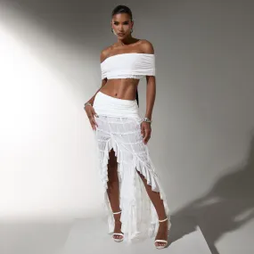 High Waist Fold Over Frilly Maxi Skirt In White Texture