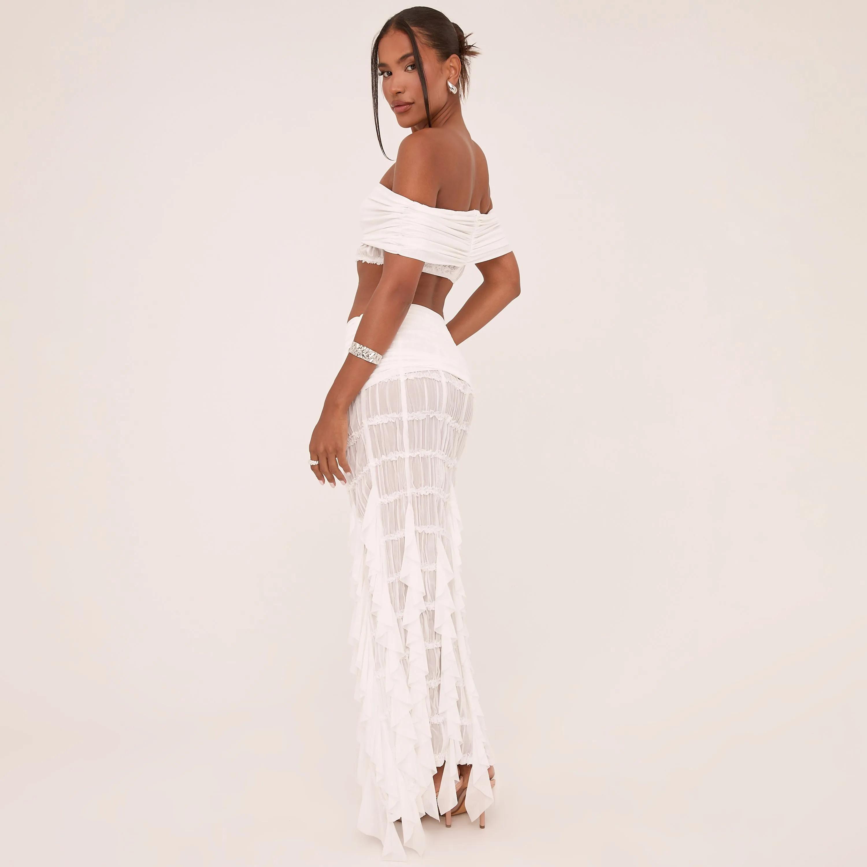 High Waist Fold Over Frilly Maxi Skirt In White Texture