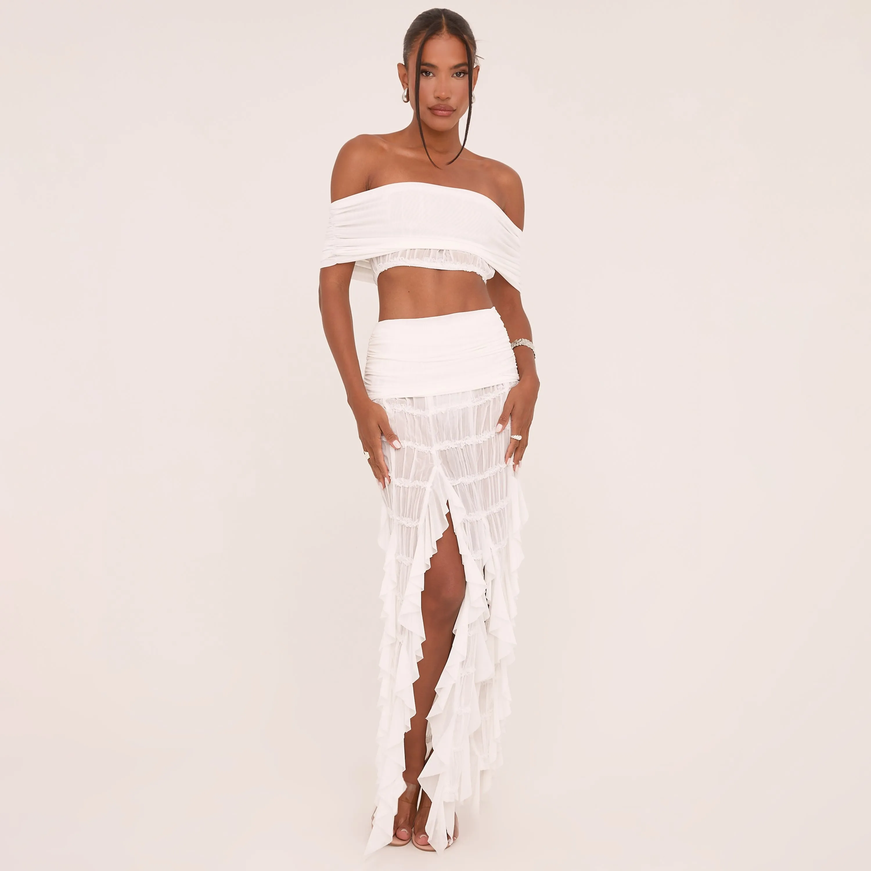 High Waist Fold Over Frilly Maxi Skirt In White Texture