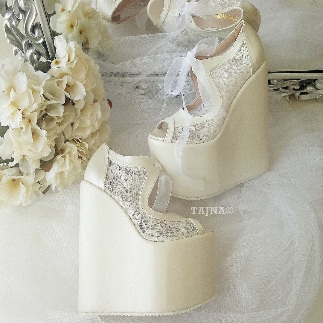 Ivory Lace 18-22 cm Super High Heel Wedding Shoes Wedges