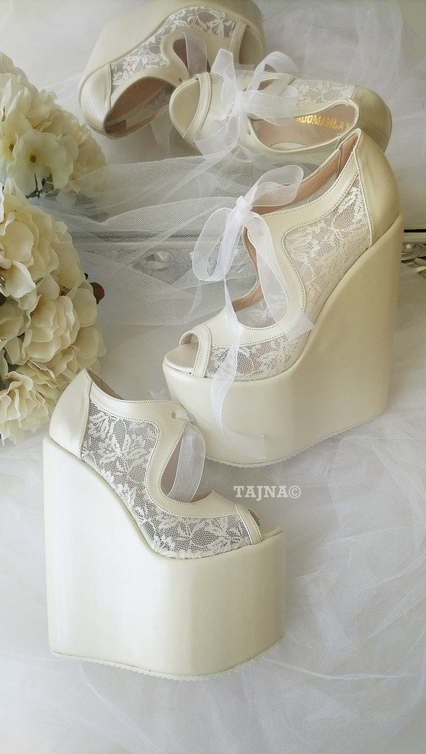 Ivory Lace 18-22 cm Super High Heel Wedding Shoes Wedges