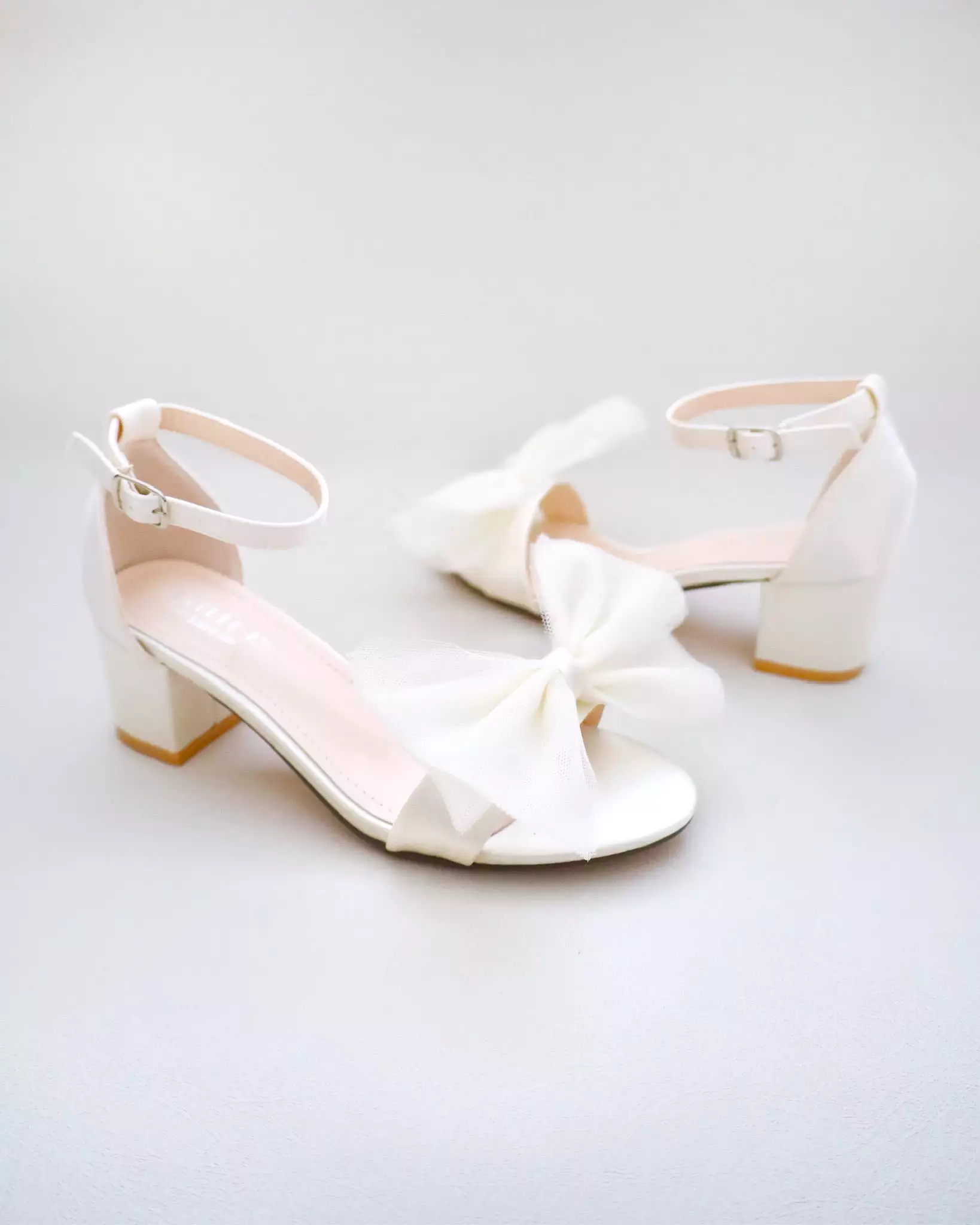 Ivory Satin Block Heel Sandal with Front Oversized Tulle Bow