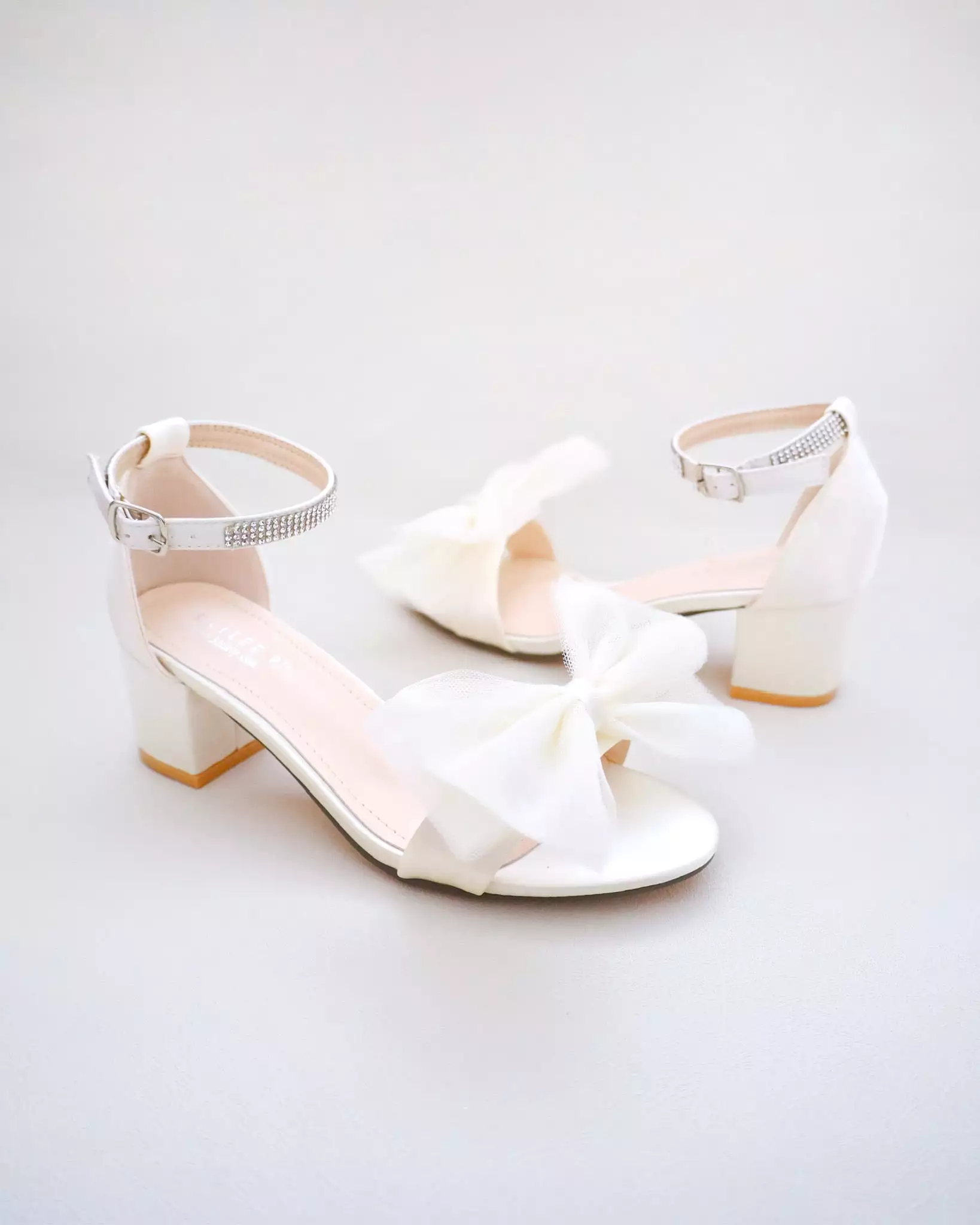 Ivory Satin Block Heel Sandal with Front Oversized Tulle Bow