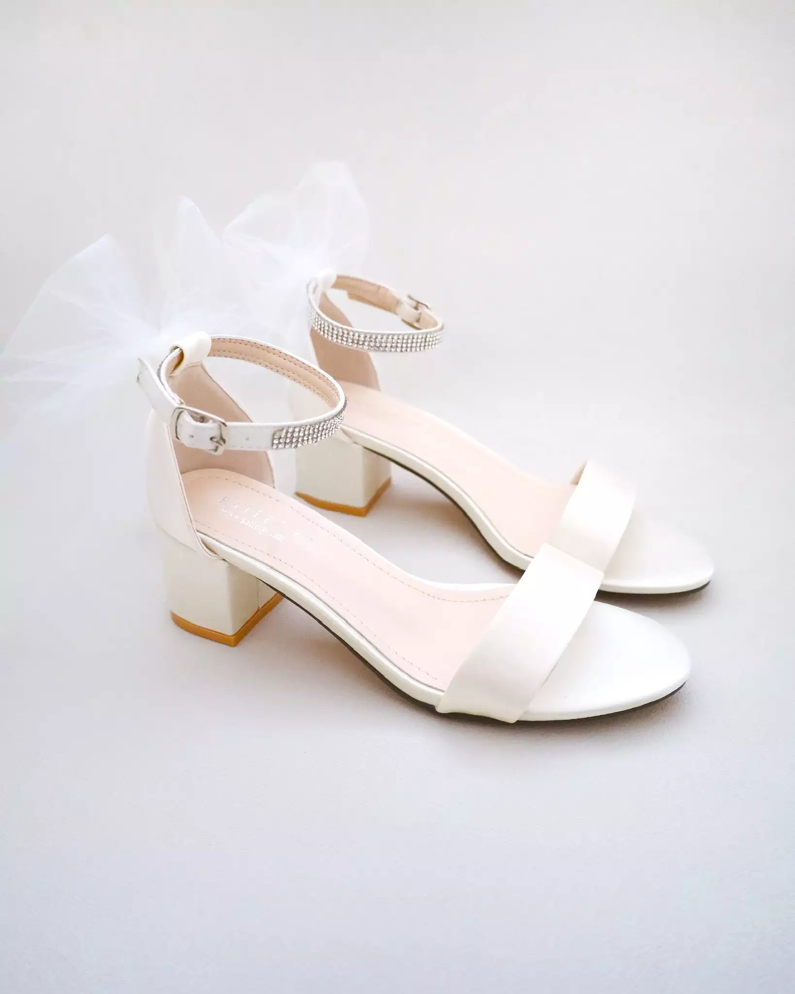 Ivory Satin Block Heel Sandals with Tulle Back Bow