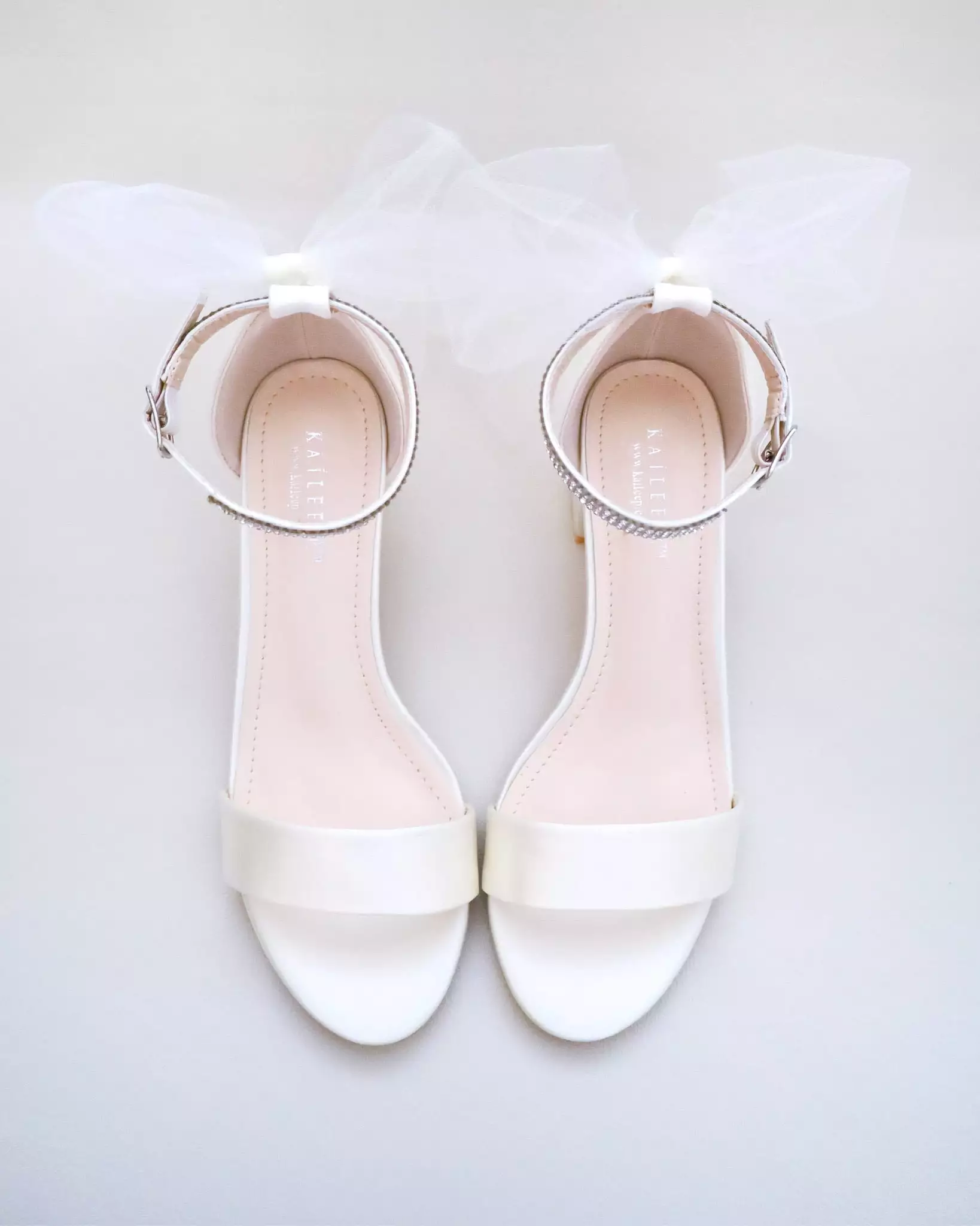 Ivory Satin Block Heel Sandals with Tulle Back Bow