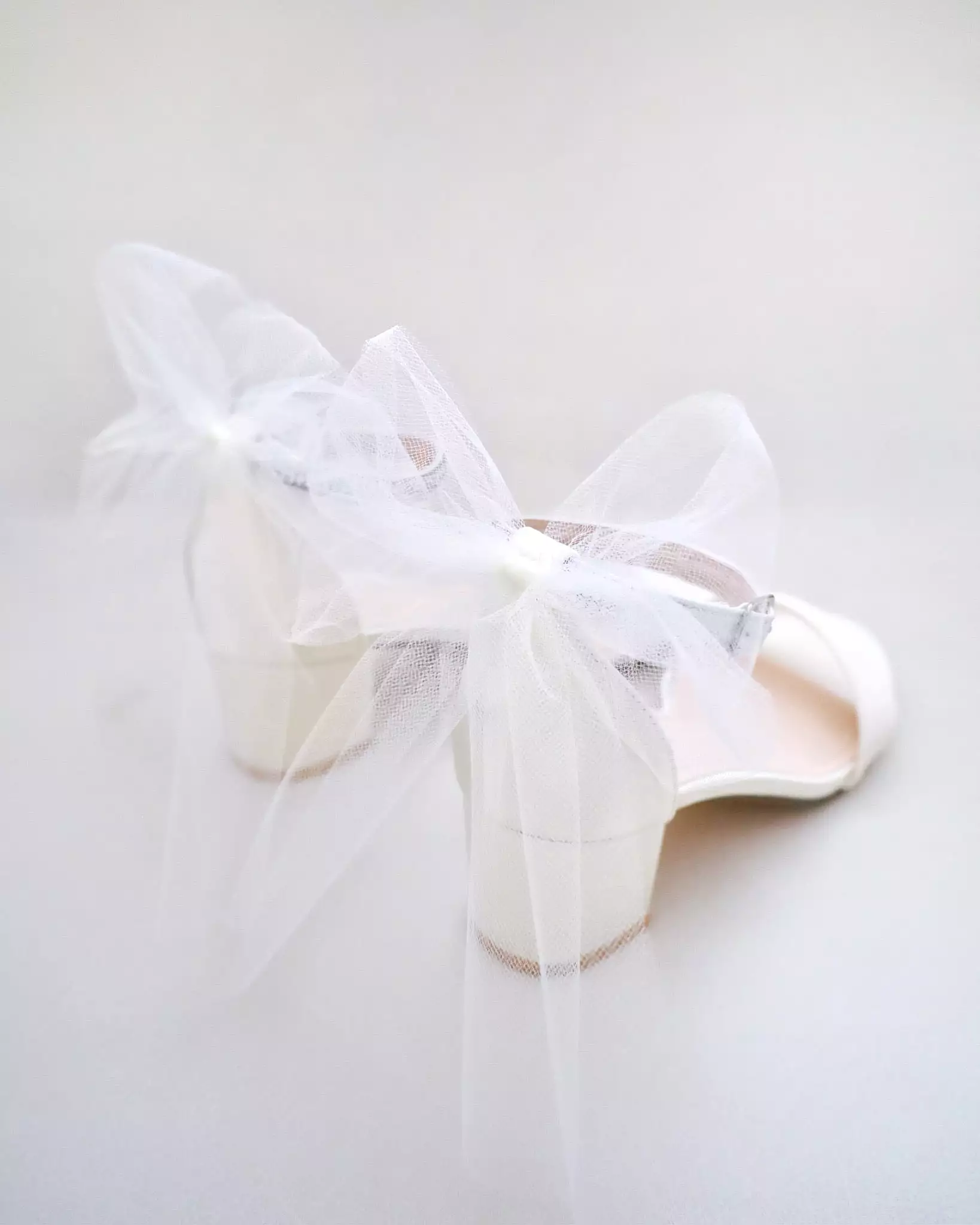 Ivory Satin Block Heel Sandals with Tulle Back Bow