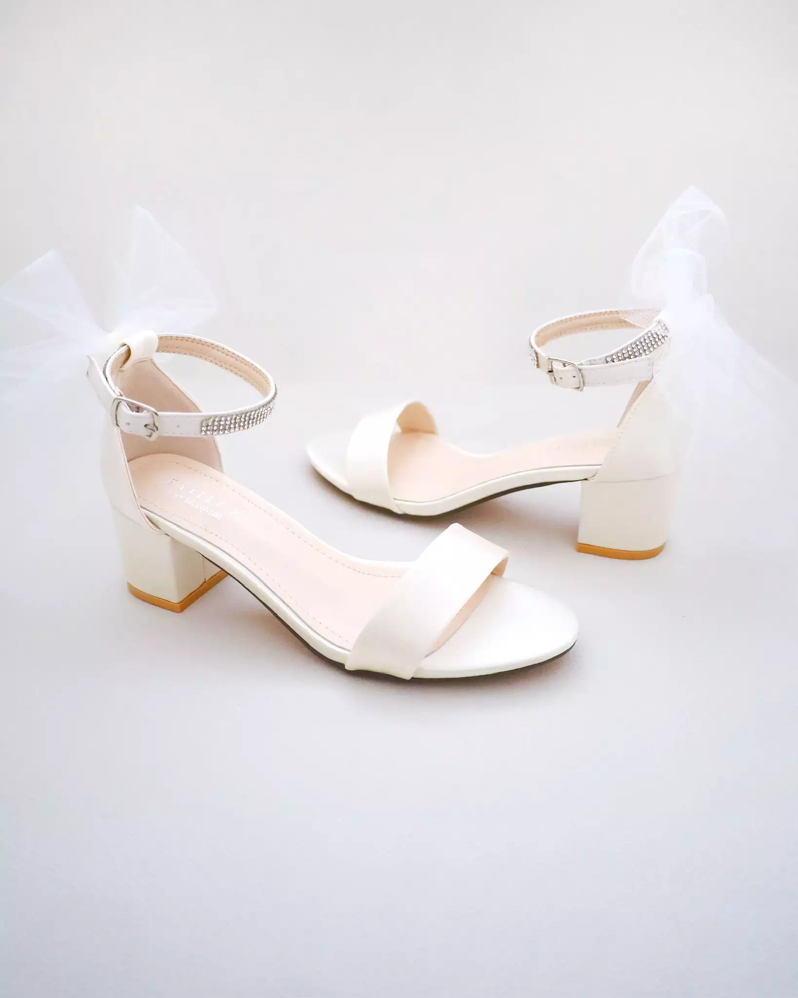 Ivory Satin Block Heel Sandals with Tulle Back Bow