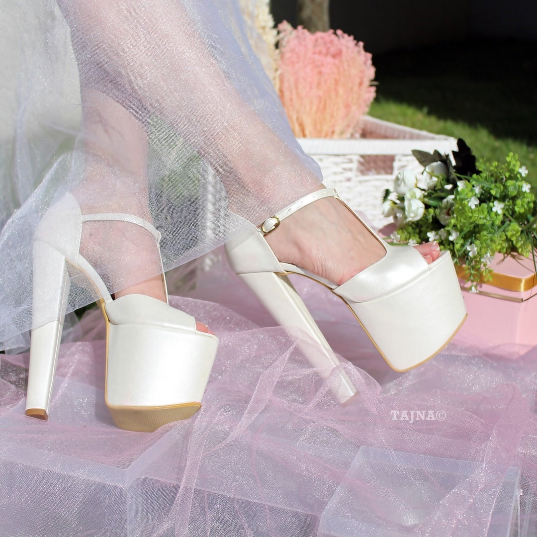 Ivory White Ankle Strap High Heel Platform Bride Shoes