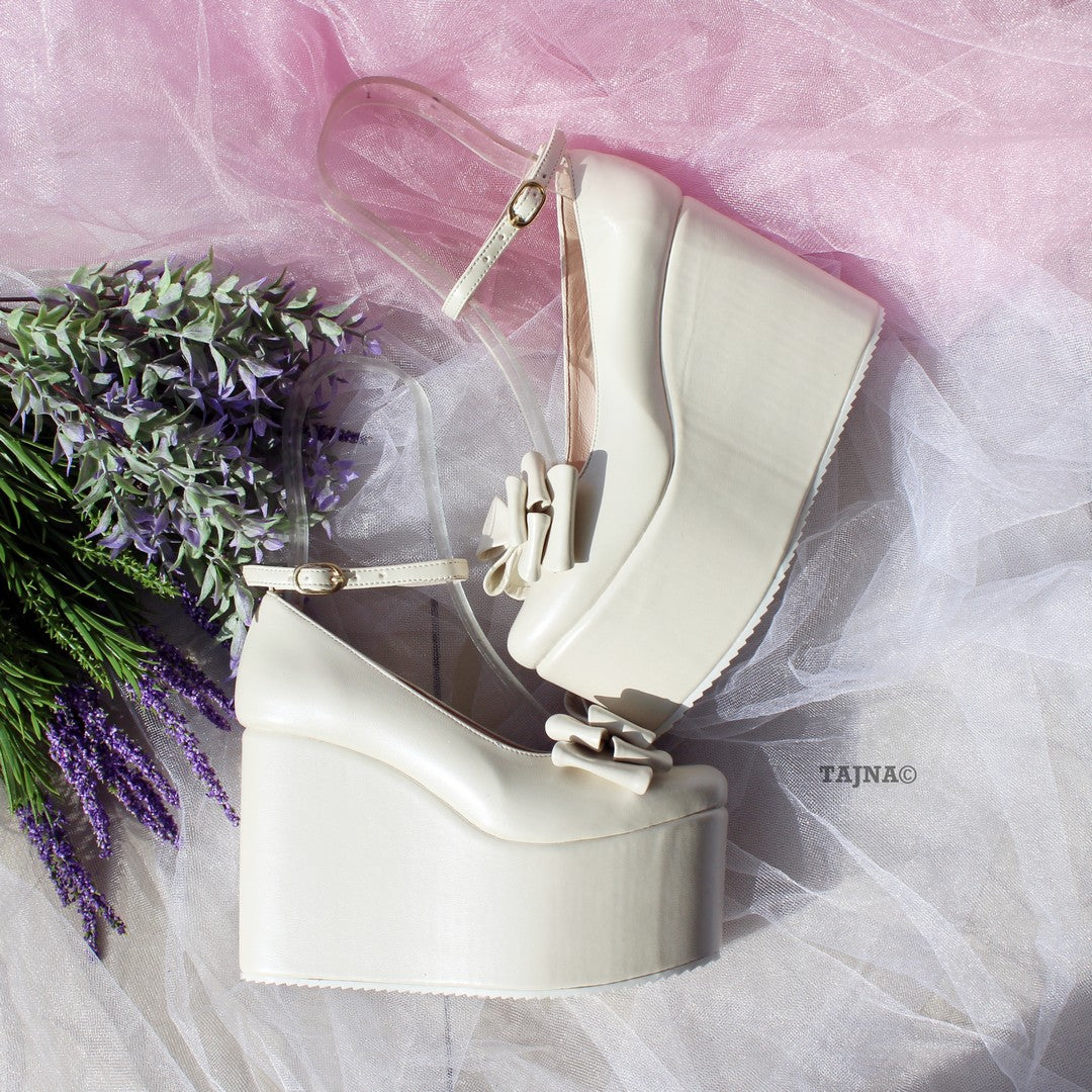 Ivory White Ribbon Ankle Strap Wedge Bridal Shoes