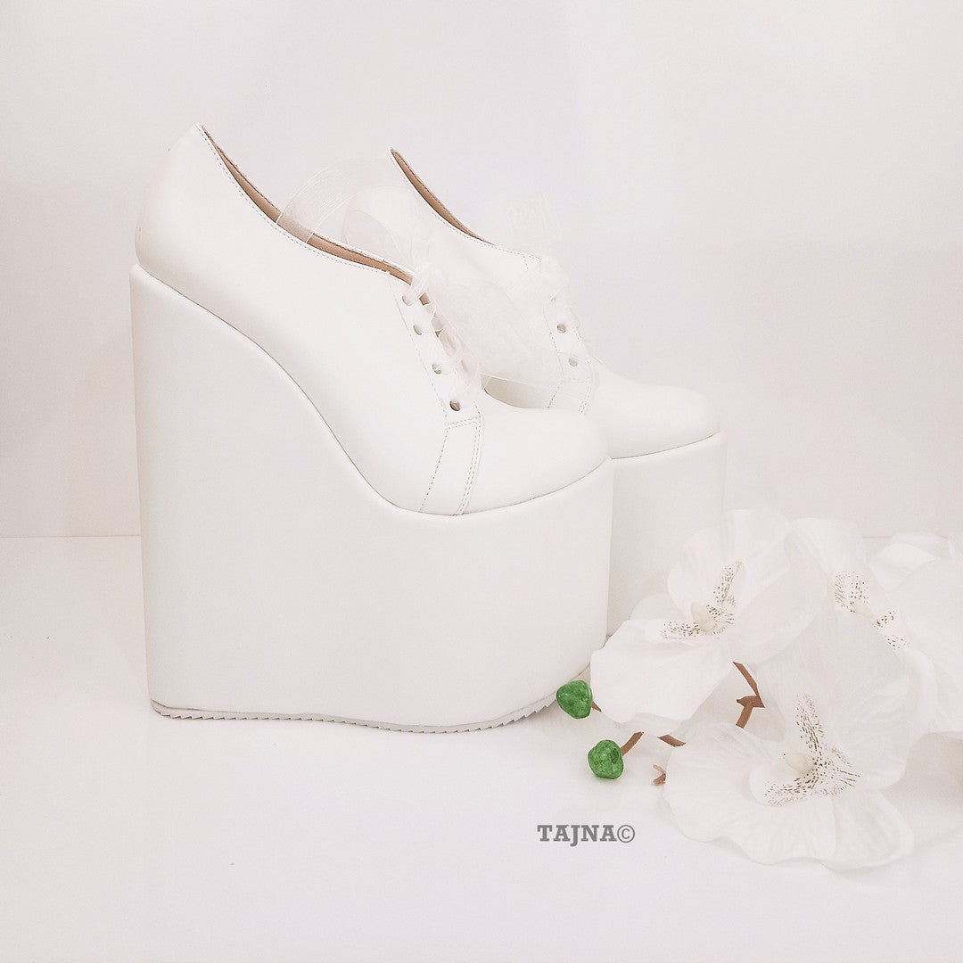 Lace Up Platform White Wedge Bridal Shoes