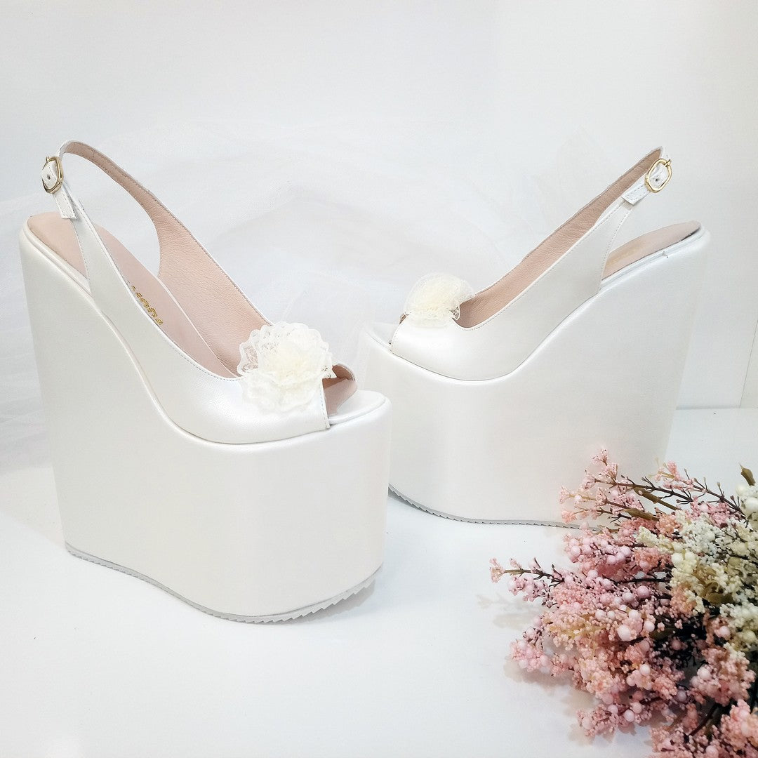 Lacy Ivory White Pee Toe Platform Wedge Bride Shoes