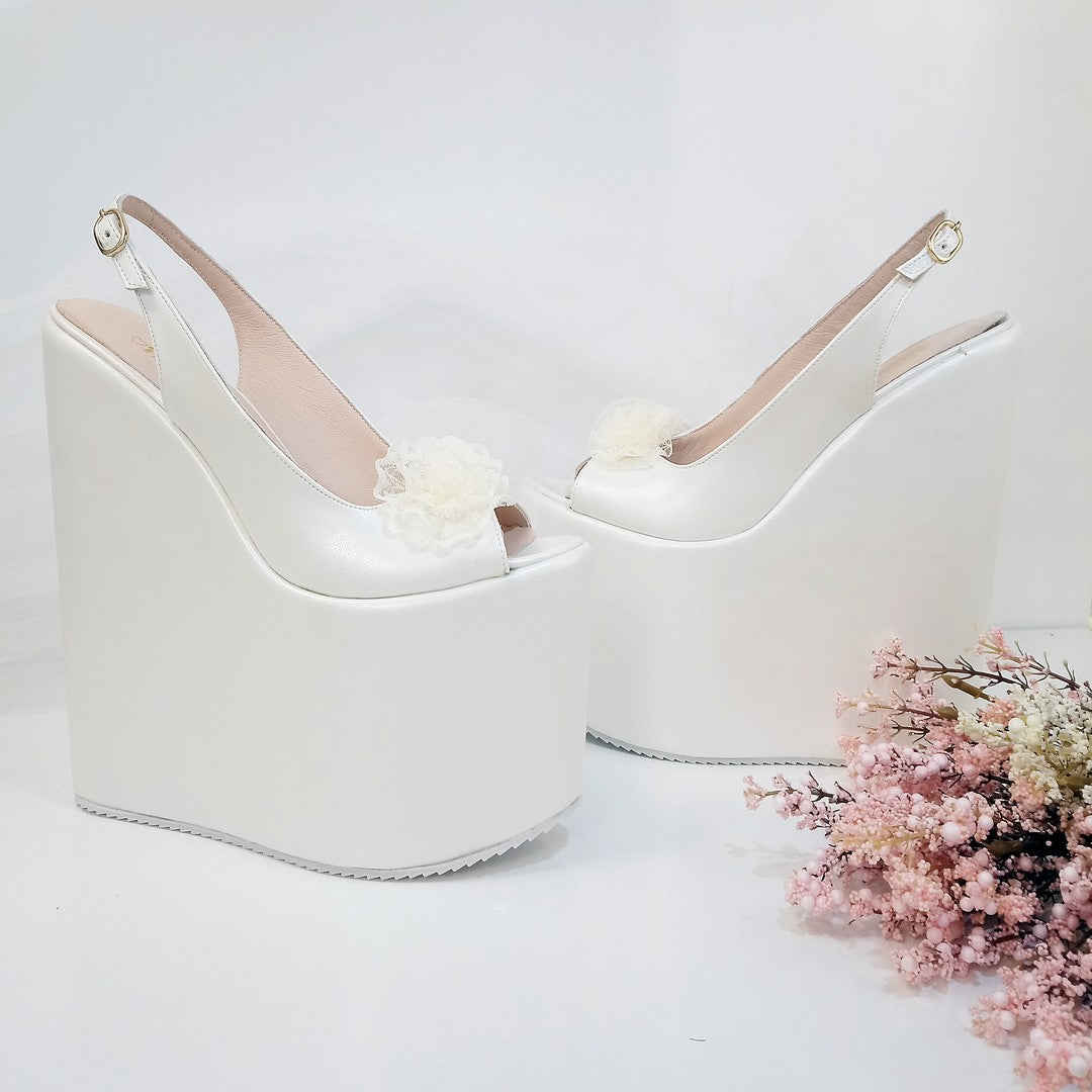 Lacy Ivory White Pee Toe Platform Wedge Bride Shoes