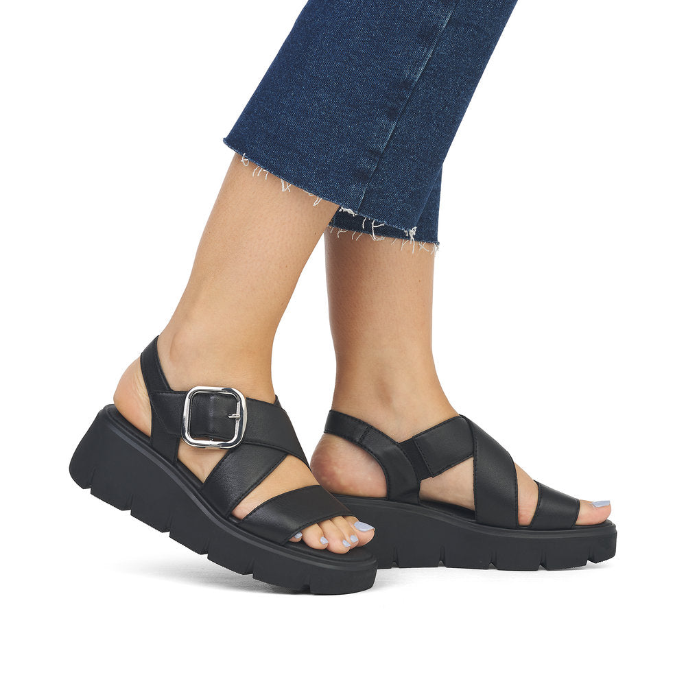 Ladies Evolution By Rieker Sandals Black Chunky Platform W1550-00