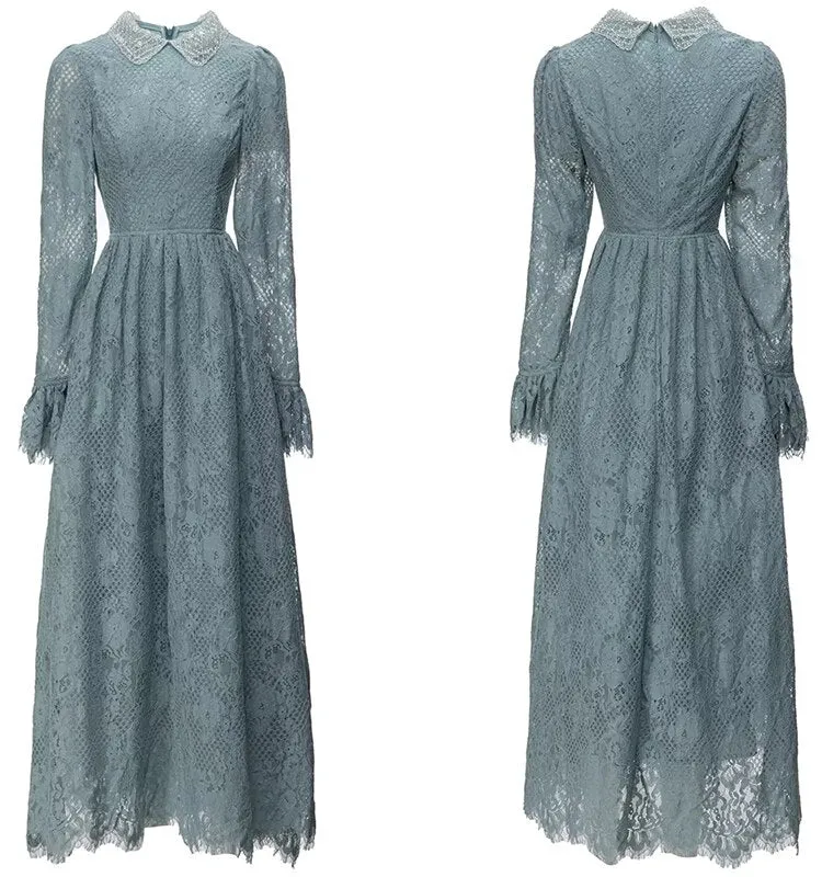 Laurel  Beading Peter pan Collar Flare Sleeve Vintage Long Dress