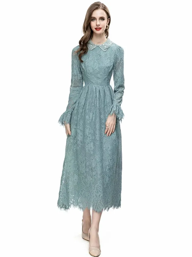 Laurel  Beading Peter pan Collar Flare Sleeve Vintage Long Dress