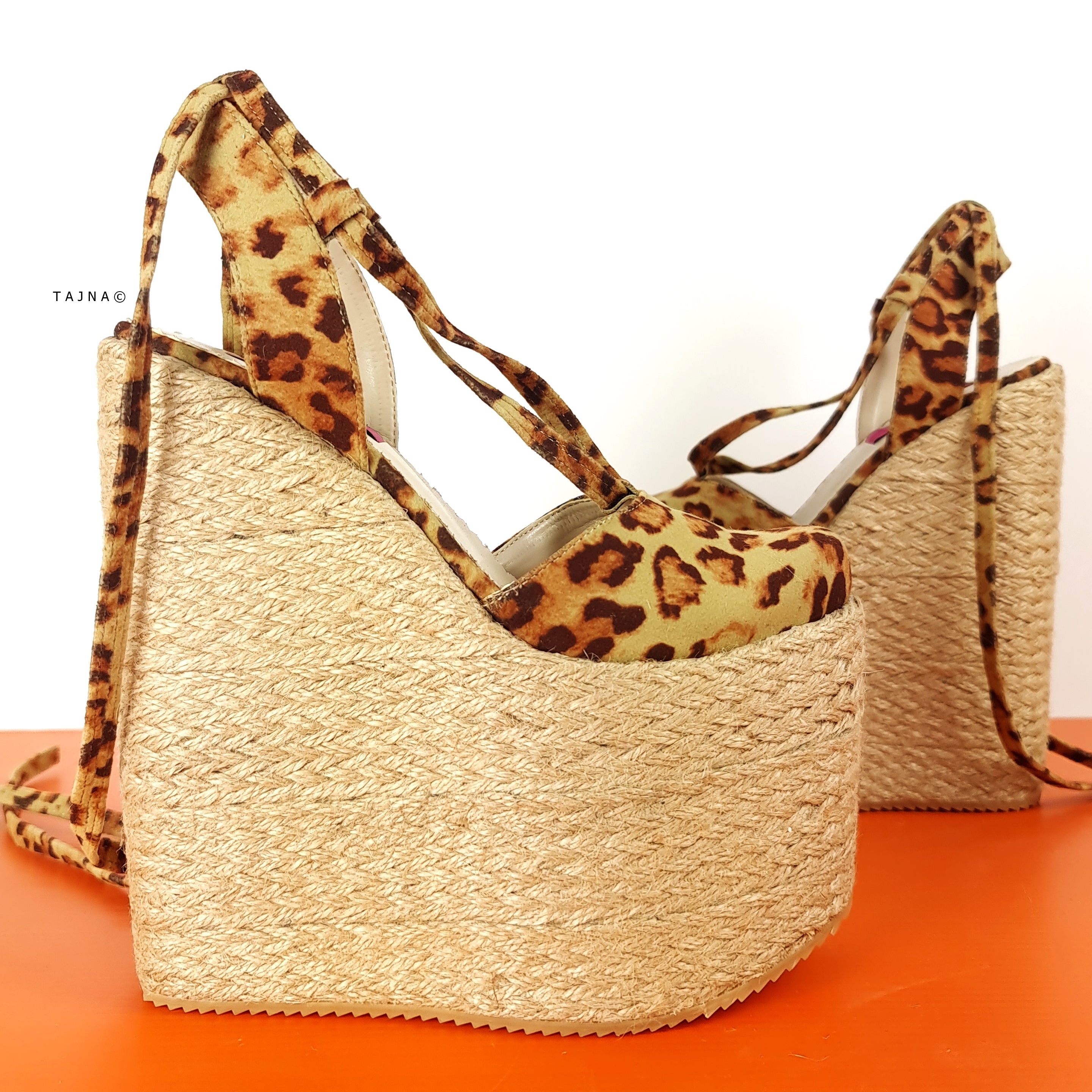 Leopard Lace Up High Heel Wedge Platform Espadrils