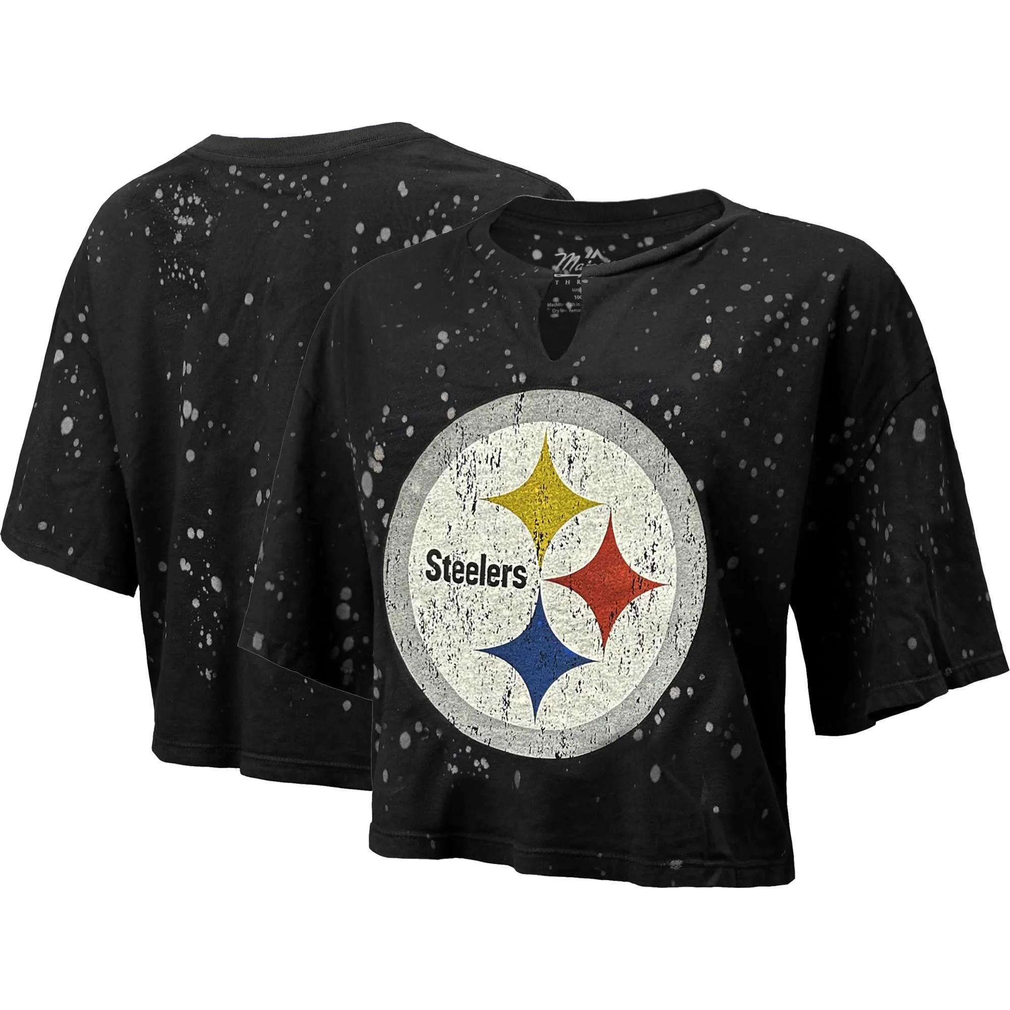 Lids Women's Majestic Threads Black Pittsburgh Steelers Bleach Splatter Notch Neck Crop T-Shirt