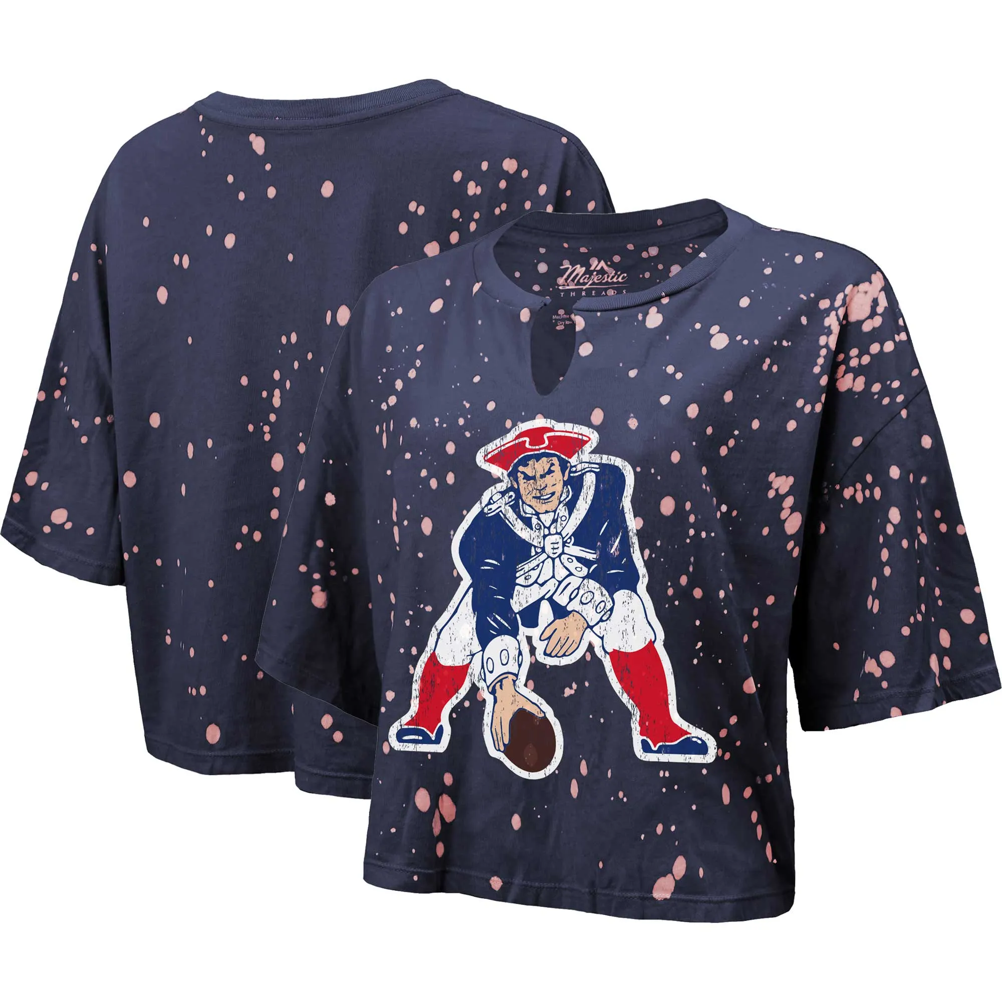 Lids Women's Majestic Threads Navy New England Patriots Bleach Splatter Notch Neck Crop T-Shirt