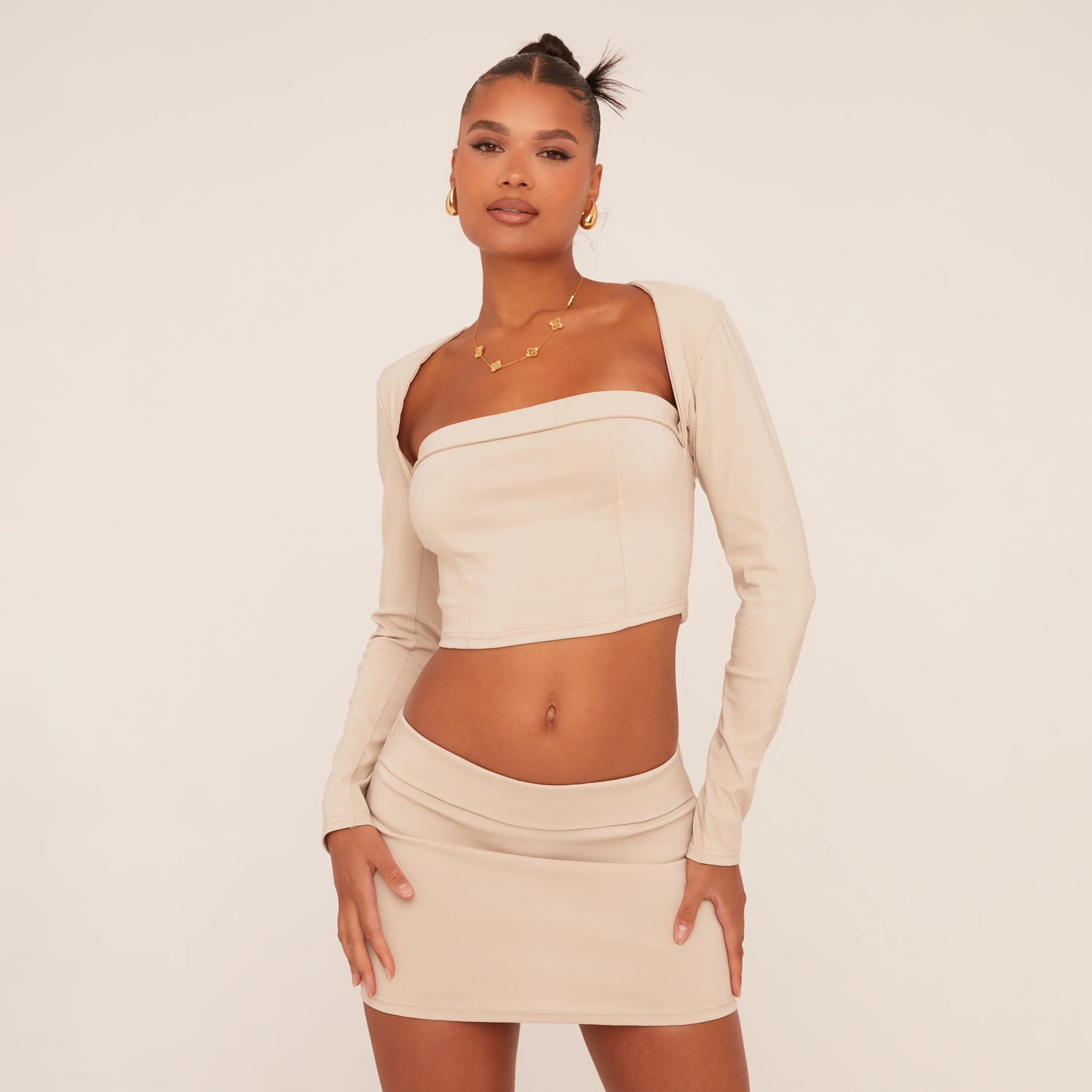 Long Sleeve Fold Over Square Neck Fitted Crop Top In Stone