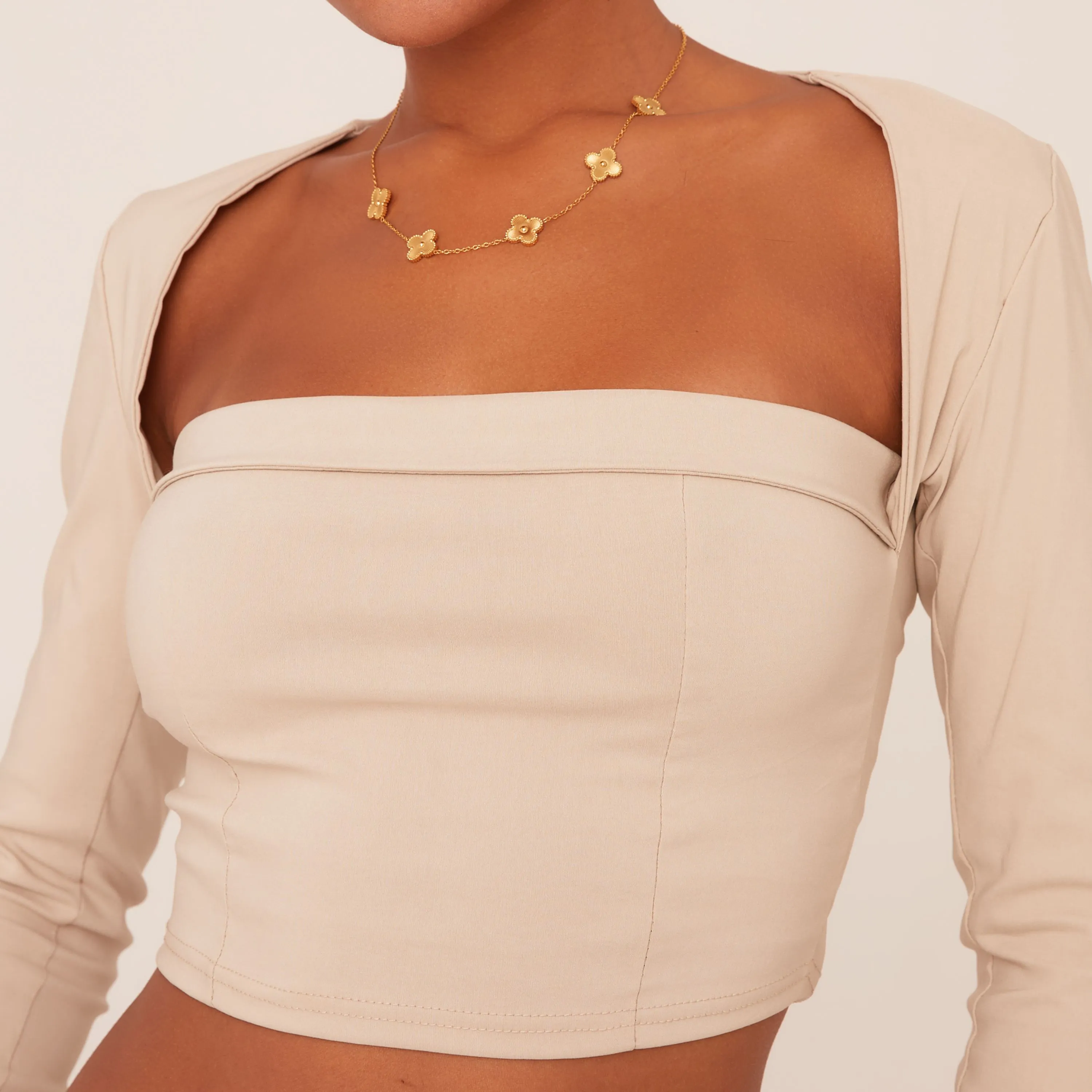 Long Sleeve Fold Over Square Neck Fitted Crop Top In Stone