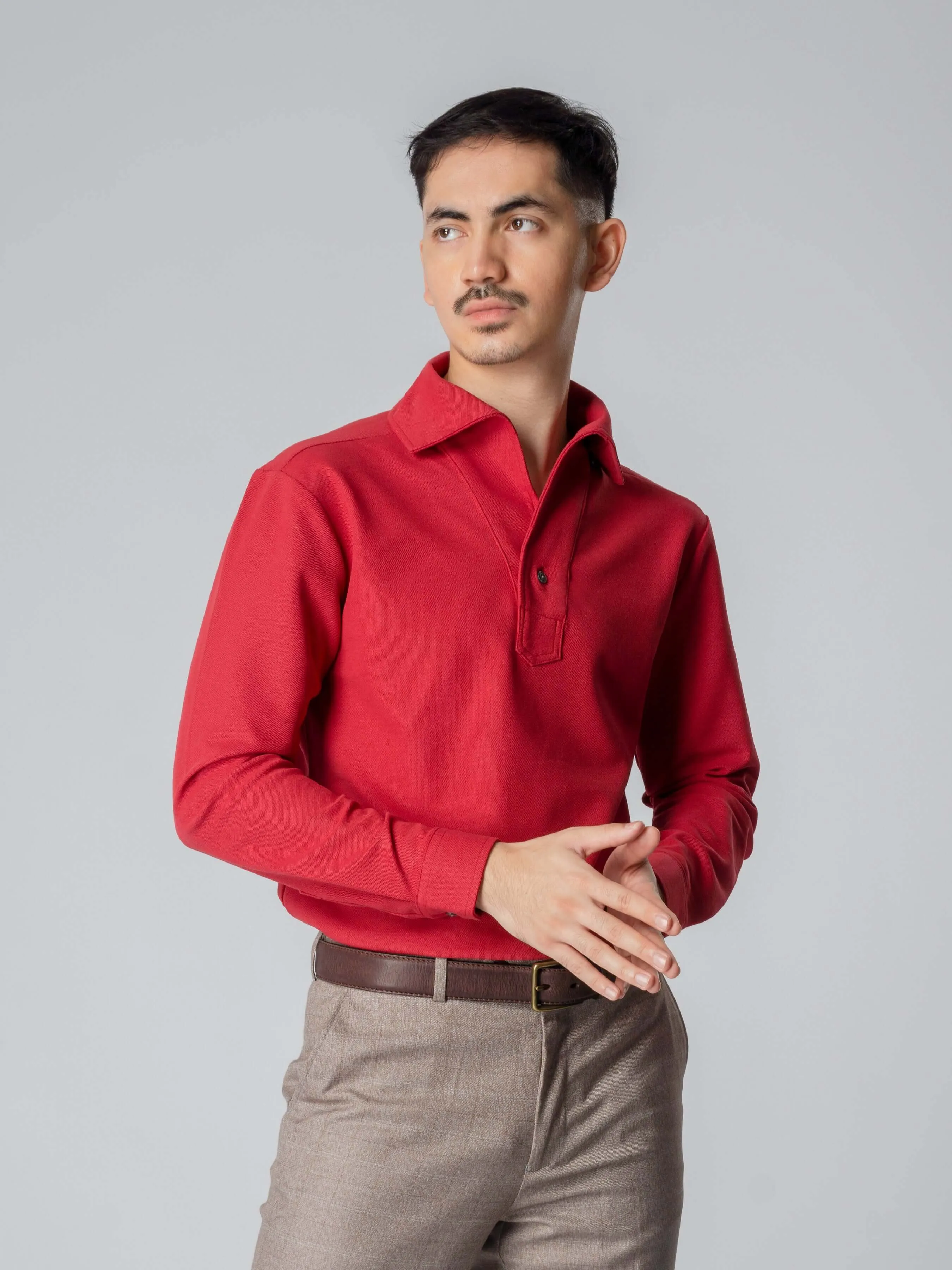 Long Sleeve Polo Shirt - Red One-Piece Collar Single Button