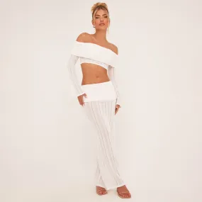 Low Rise Fold Over Waistband Laddered Maxi Skirt In White Knit