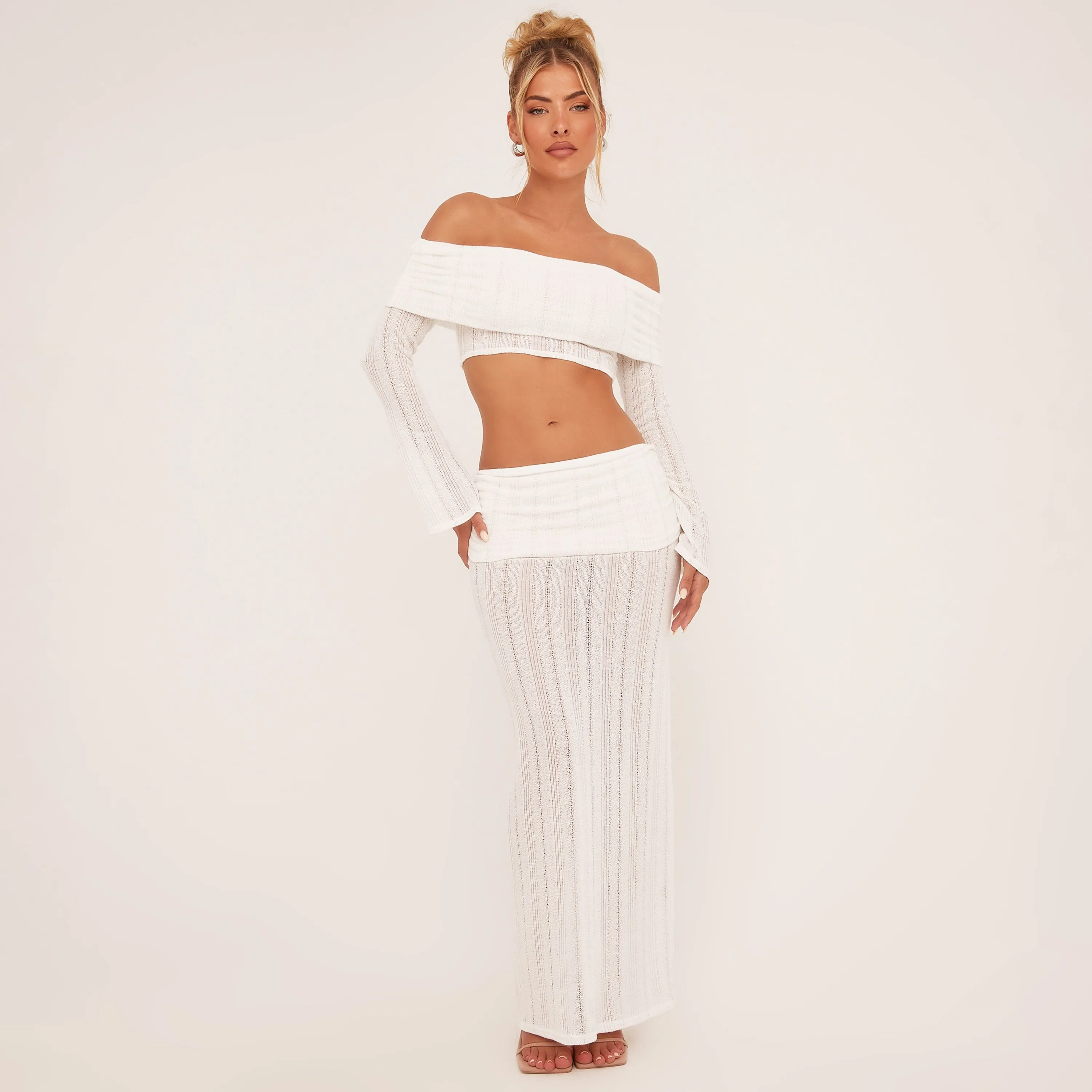 Low Rise Fold Over Waistband Laddered Maxi Skirt In White Knit