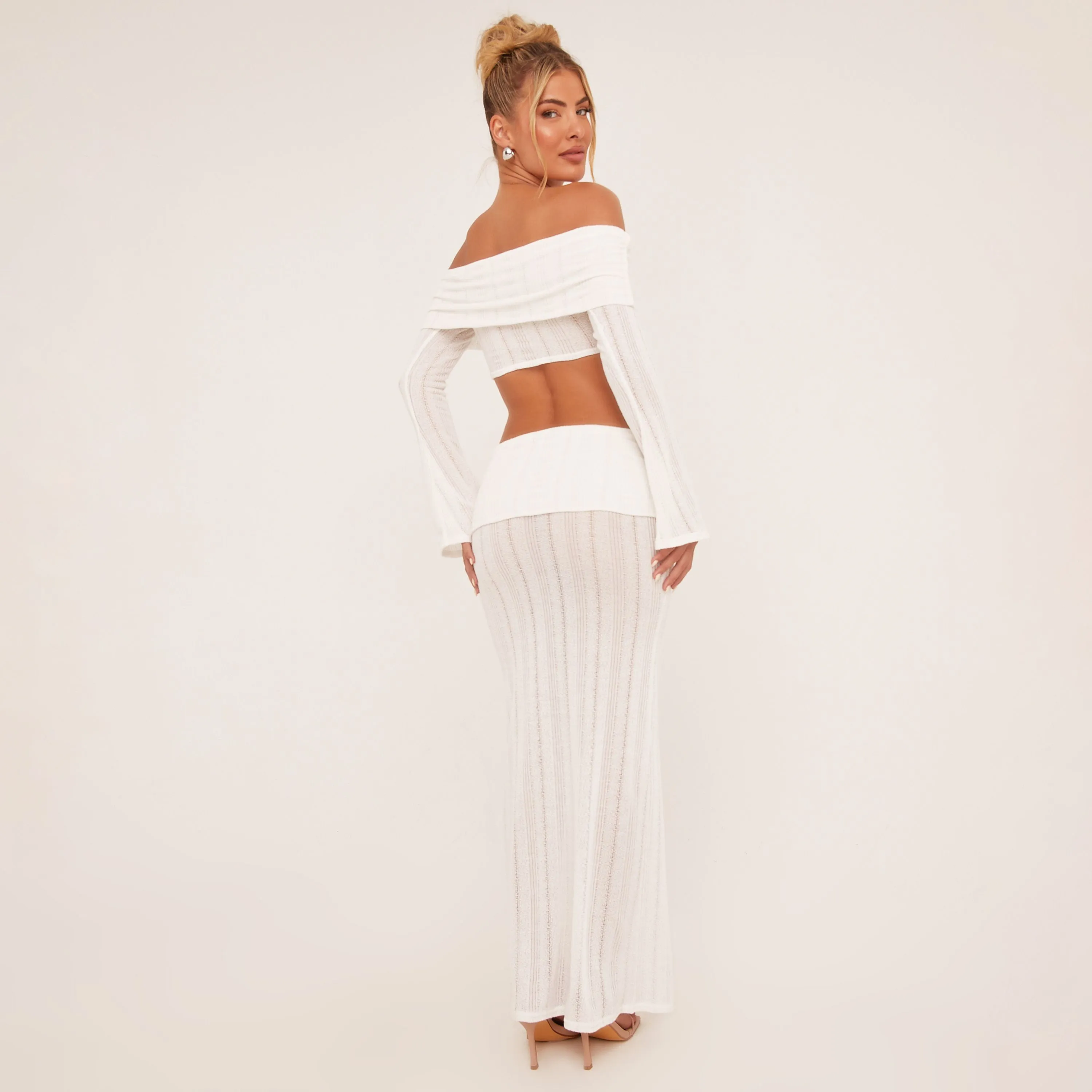 Low Rise Fold Over Waistband Laddered Maxi Skirt In White Knit