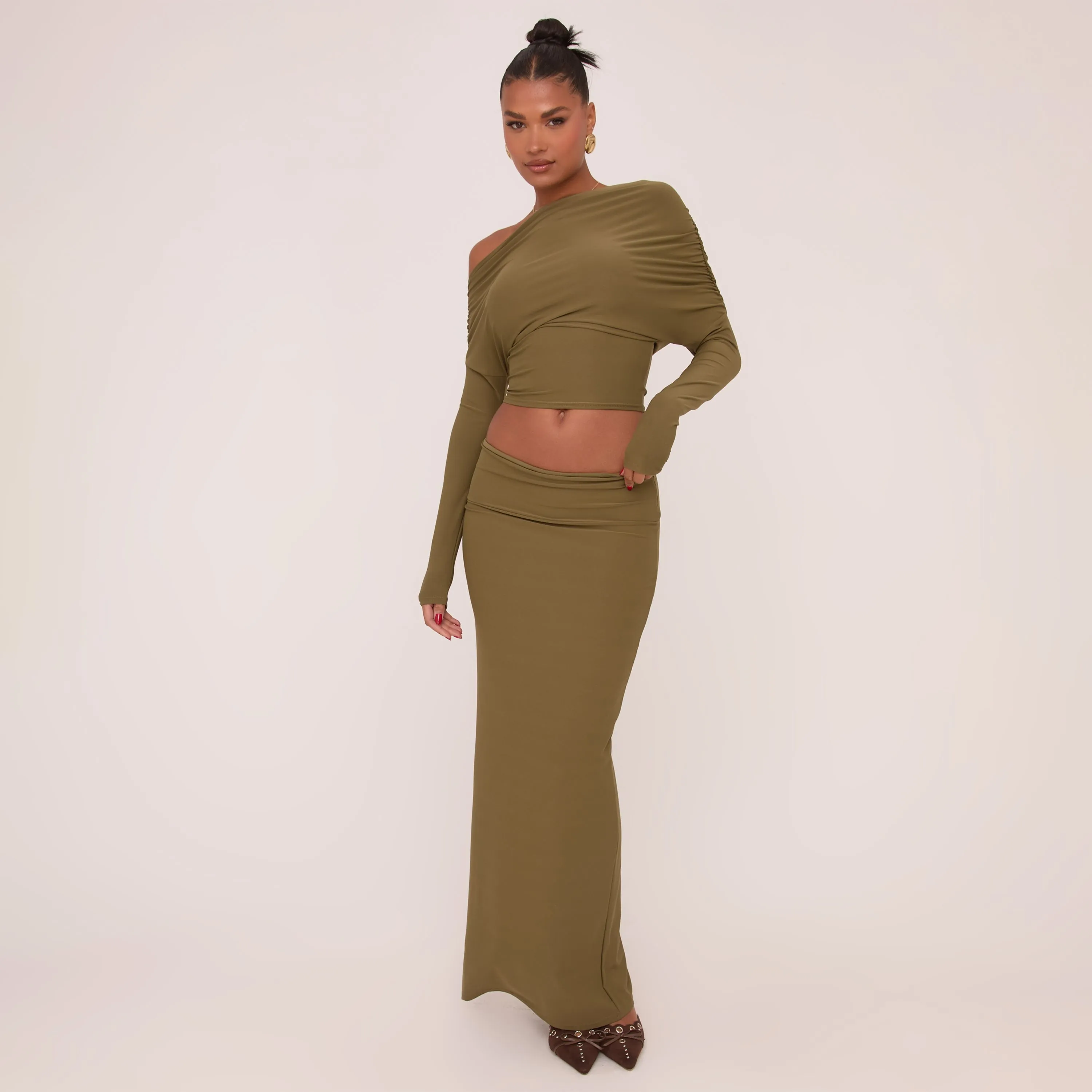 Low Rise Fold Over Waistband Maxi Skirt In Olive Green