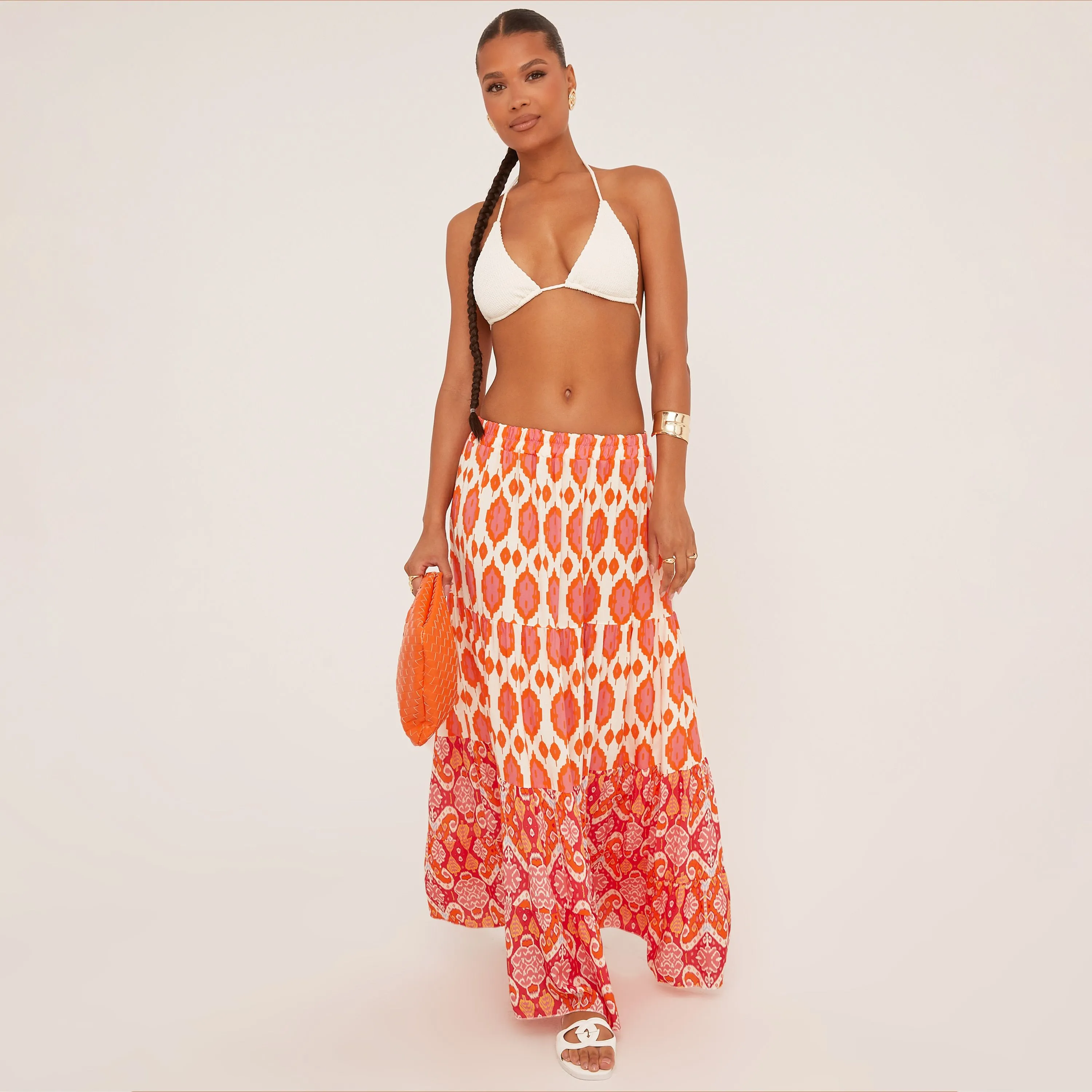 Low Rise Paisley Print Maxi Skirt In Orange Woven