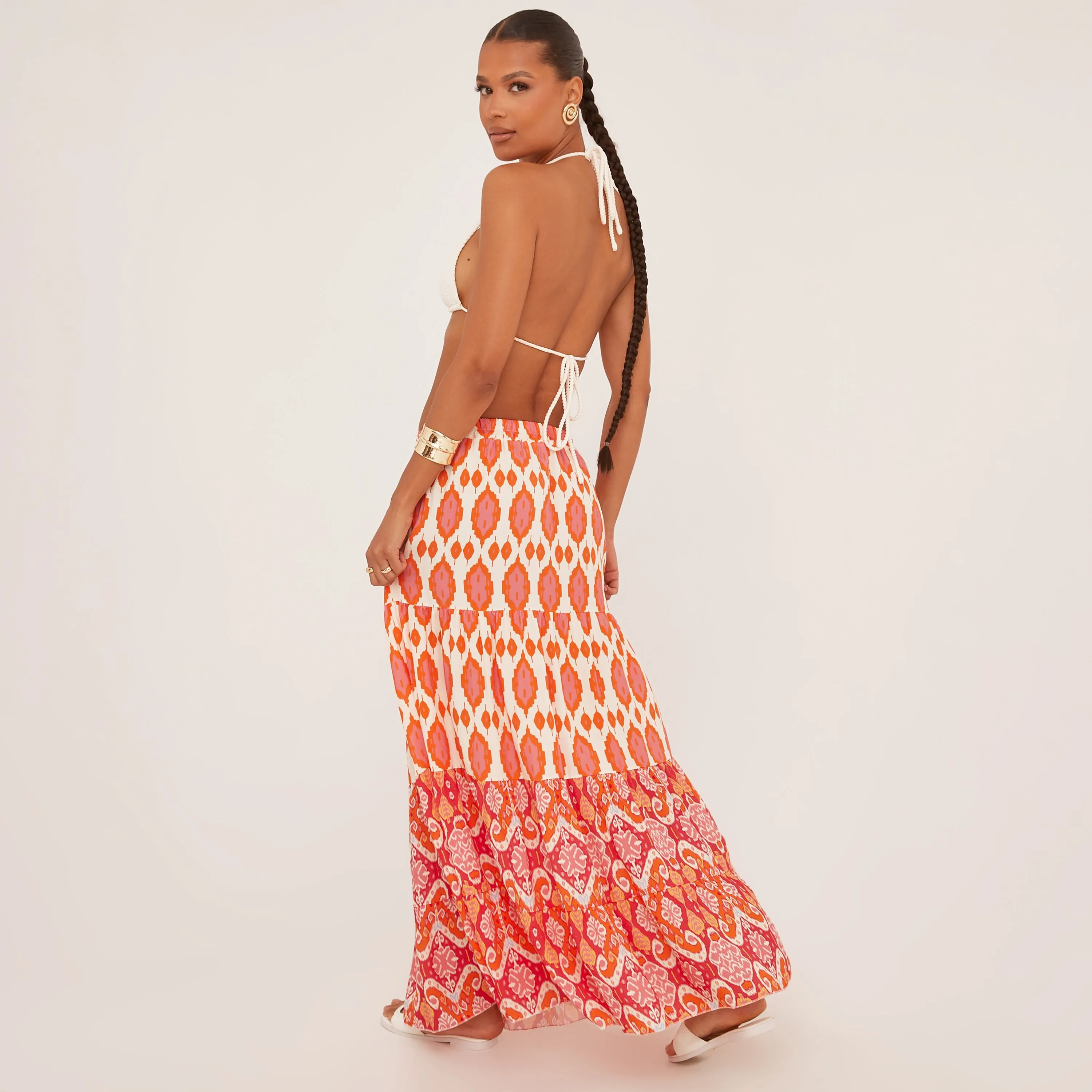 Low Rise Paisley Print Maxi Skirt In Orange Woven