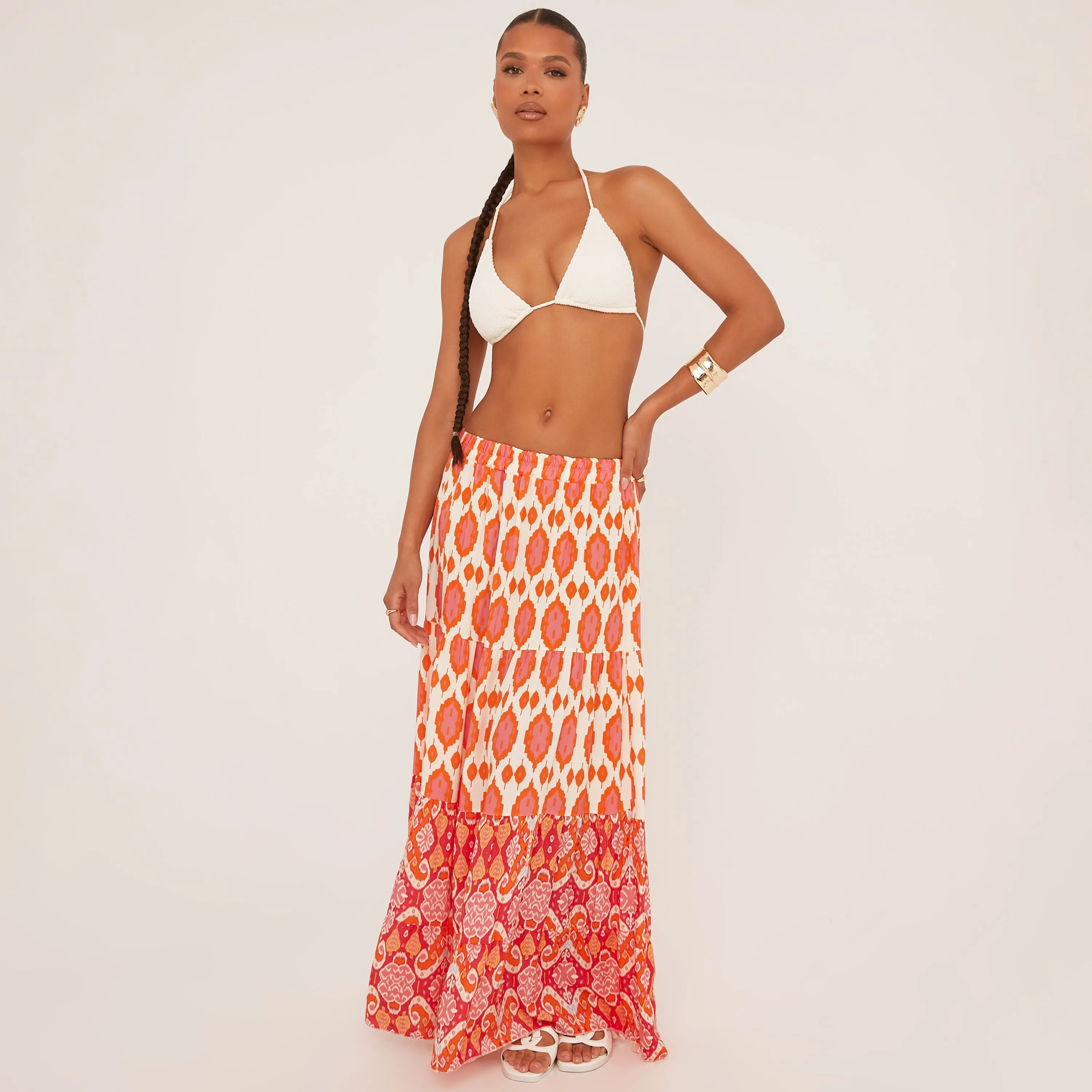 Low Rise Paisley Print Maxi Skirt In Orange Woven