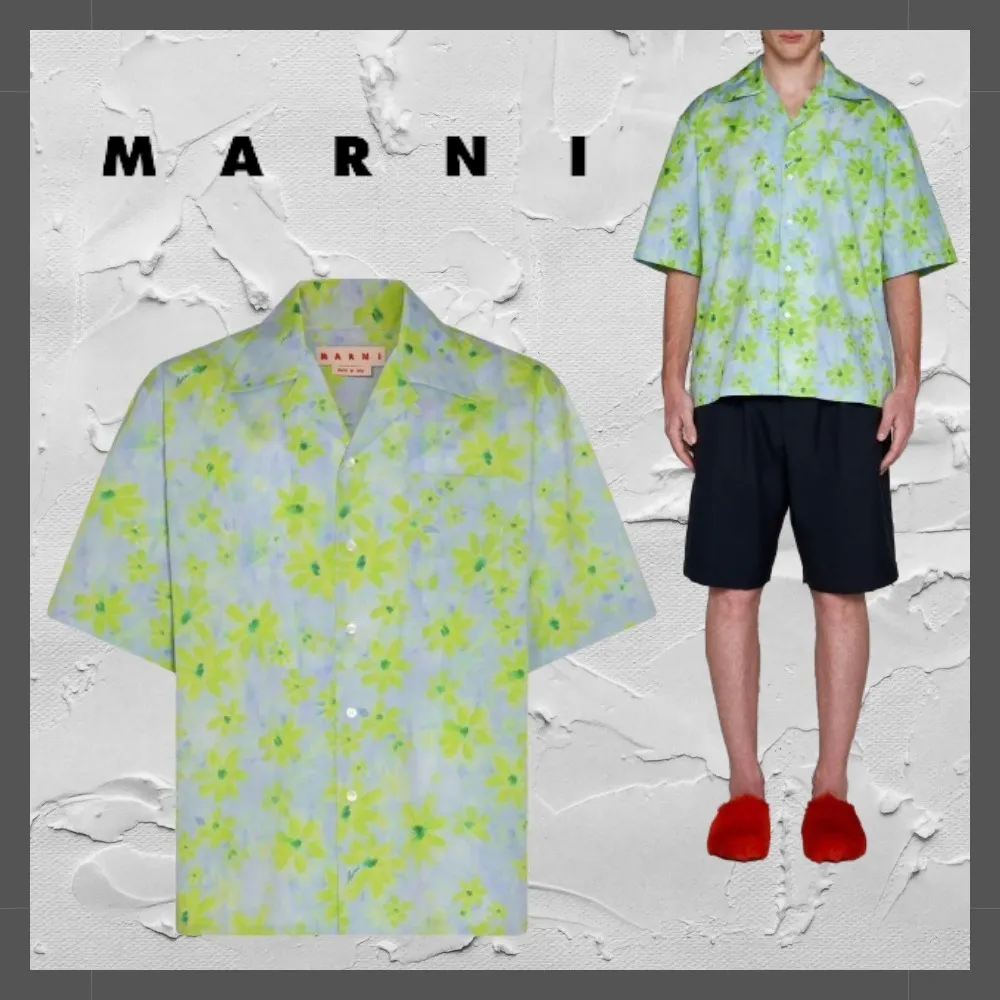 MARNI  |Flower Patterns Cotton Short Sleeves Front Button Designers