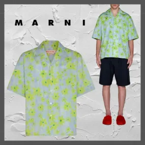 MARNI  |Flower Patterns Cotton Short Sleeves Front Button Designers