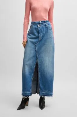 Maxi-length denim skirt with front slit