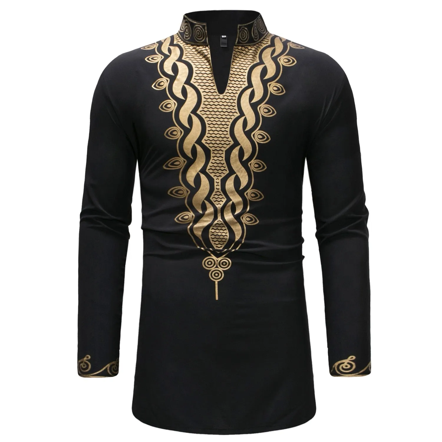 Men's African Tribal Slim Fitted Longline Mandarin Collar Long Sleeve Shirt