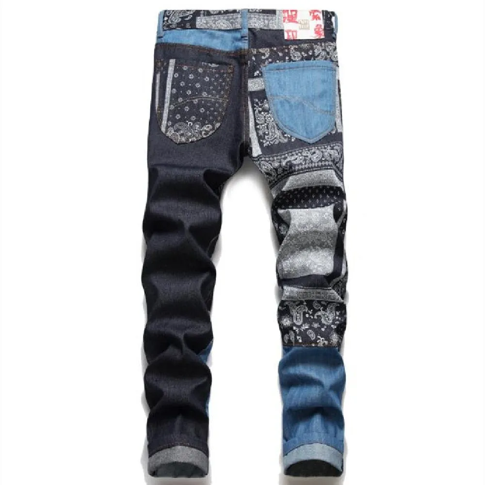 Men's American Casual Splicing Color Mid Waist Denim Straight Leg Jeans